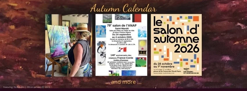 Jeannine Flower painting in the studio with Autumn 2026 art event posters for Salon de l’ANAF and Salon d’Automne Paris.