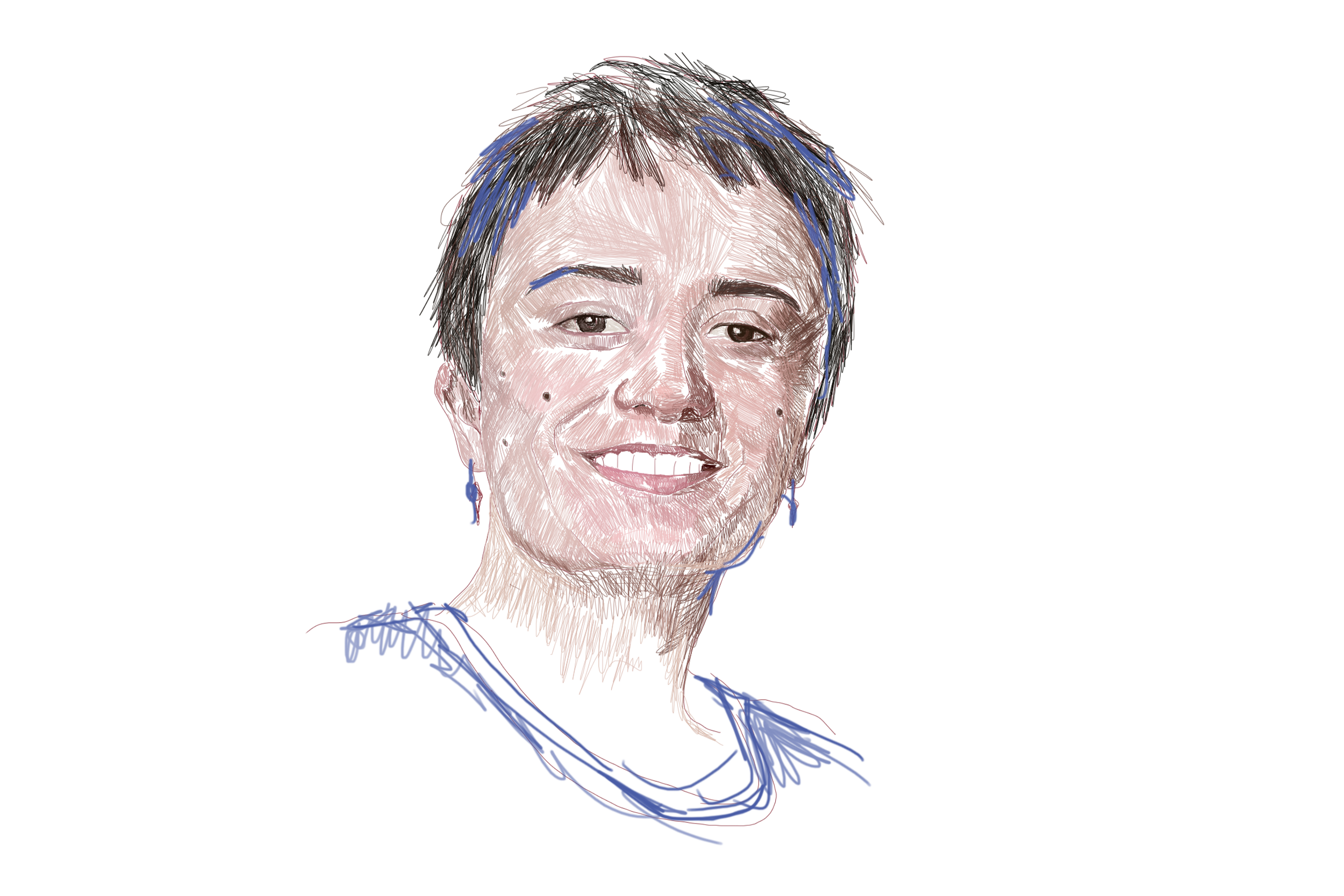 Das Bild ist eine Illustration einer jungen, lächelnden Person mit kurzen braunen Haaren.