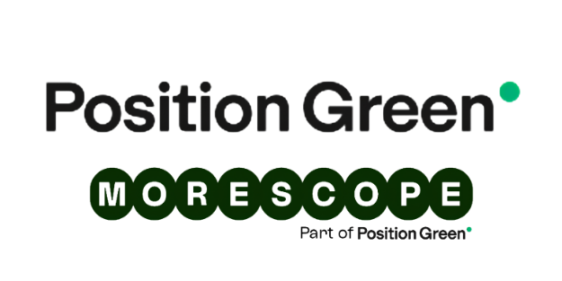 Logo for Position Green med teksten 'Morescope' i grønne sirkler.