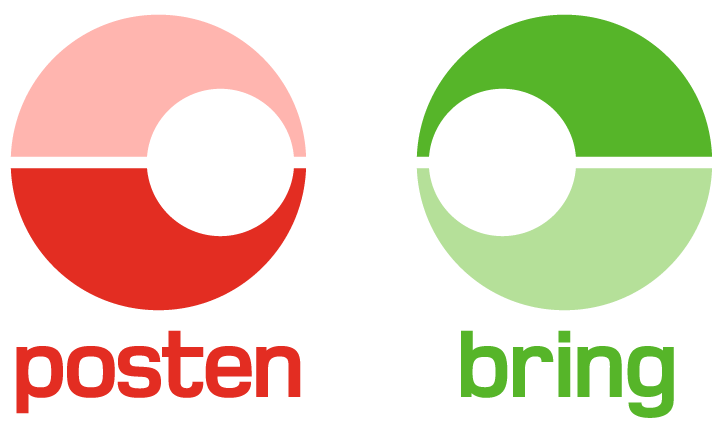 To piler med en svart linje mellom, den venstre er rød og rosa med teksten "poster", den høyre er grønn med teksten "bring".