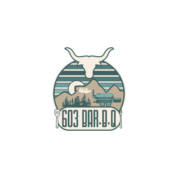 A logo depicting a mountain landscape with a cloudy sky, forest, and a cannon, featuring a longhorn skull on top. The text reads '603 BAR-B-Q' with a fork and knife on either side.
