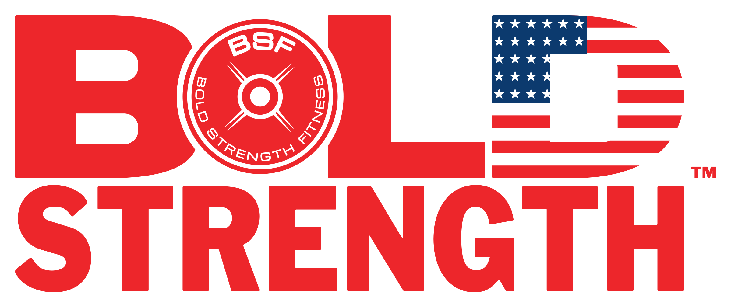 Bold Strength Fitness logo with the words in bold red letters. The 'O' in 'BOLD' is a circular emblem with the letters 'BSF' and 'BOLD STRENGTH FITNESS' arranged around it, featuring a barbell icon. The letter D has an American flag pattern.