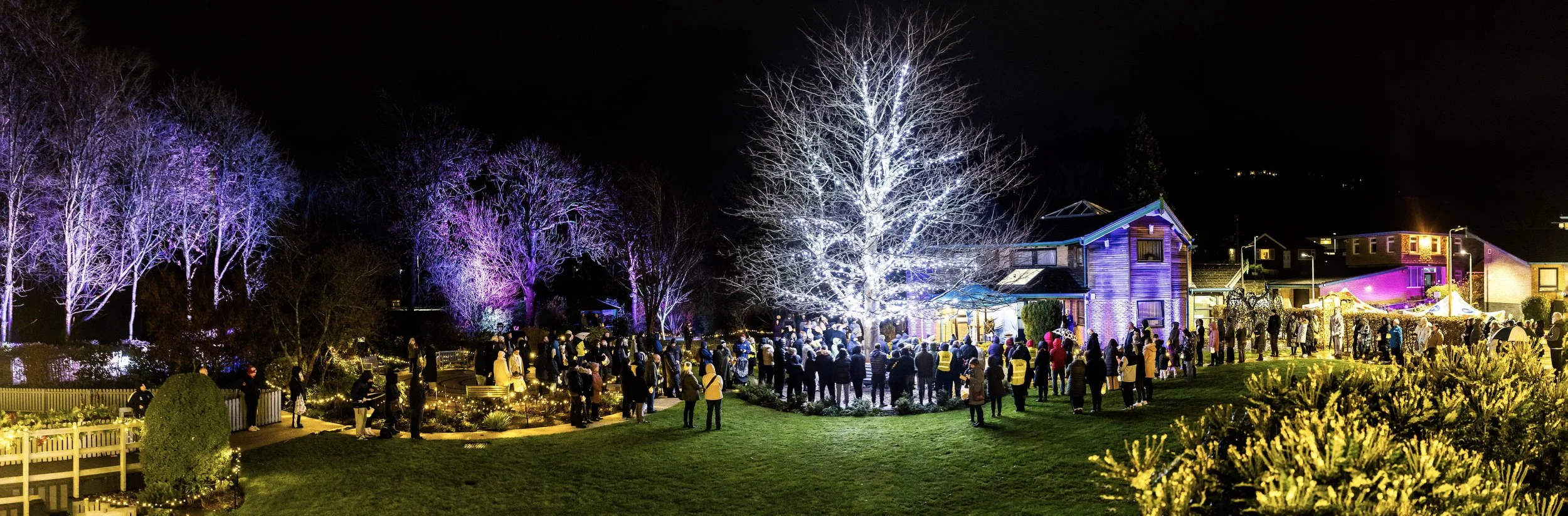 The Kirkwood gardens beautifully lit during Light up a Life memorial evening, West Yorkshire"