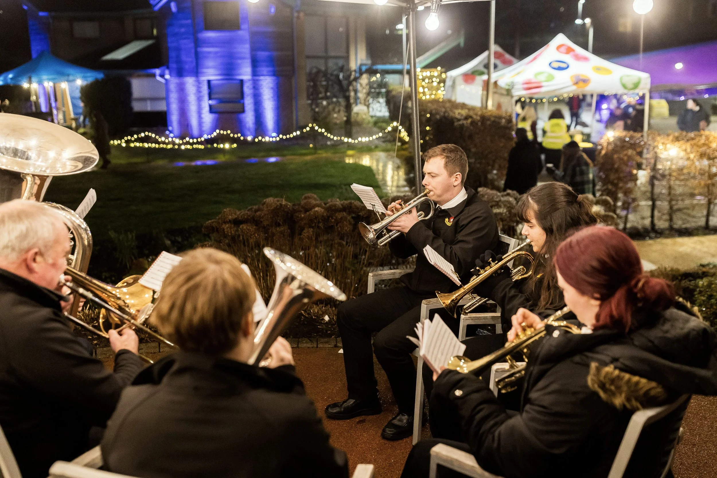 Brass band performing at The Kirkwood's Light up a Life event, Huddersfield"
