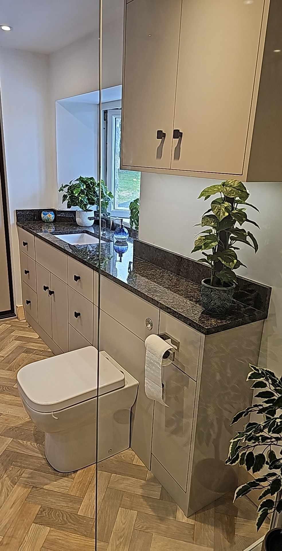 View of a modern bathroom with a mirror, beige cabinets, a granite countertop with plants, and a toilet.