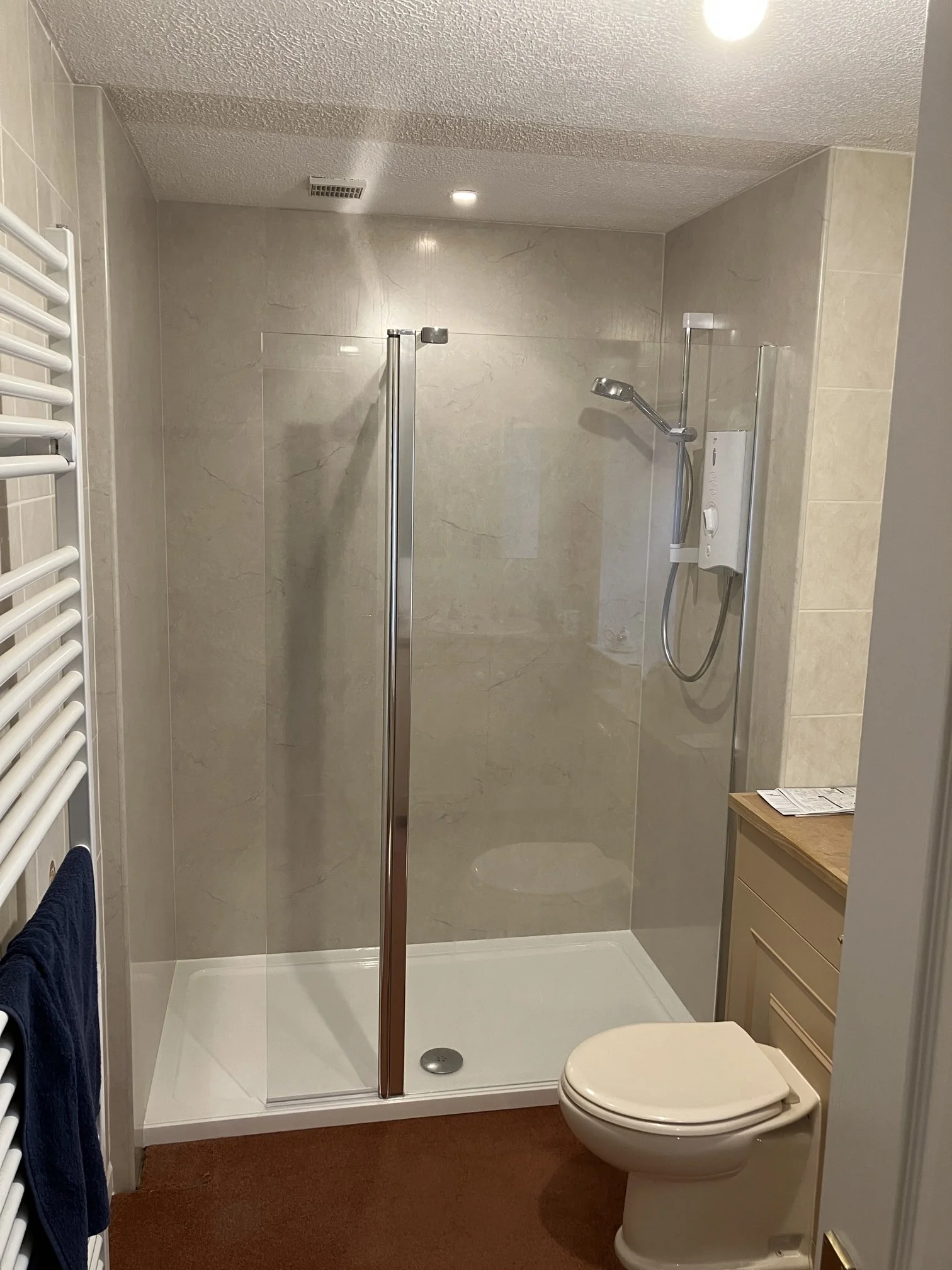 Small bathroom with a walk-in shower with a glass door, a toilet, a wooden cabinet with instructions or papers on top, and a heated towel rail with towels, all in neutral tones.