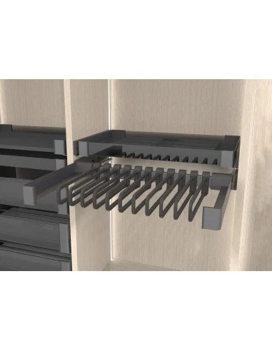 Pull-out trouser rack with hanging hooks in a closet