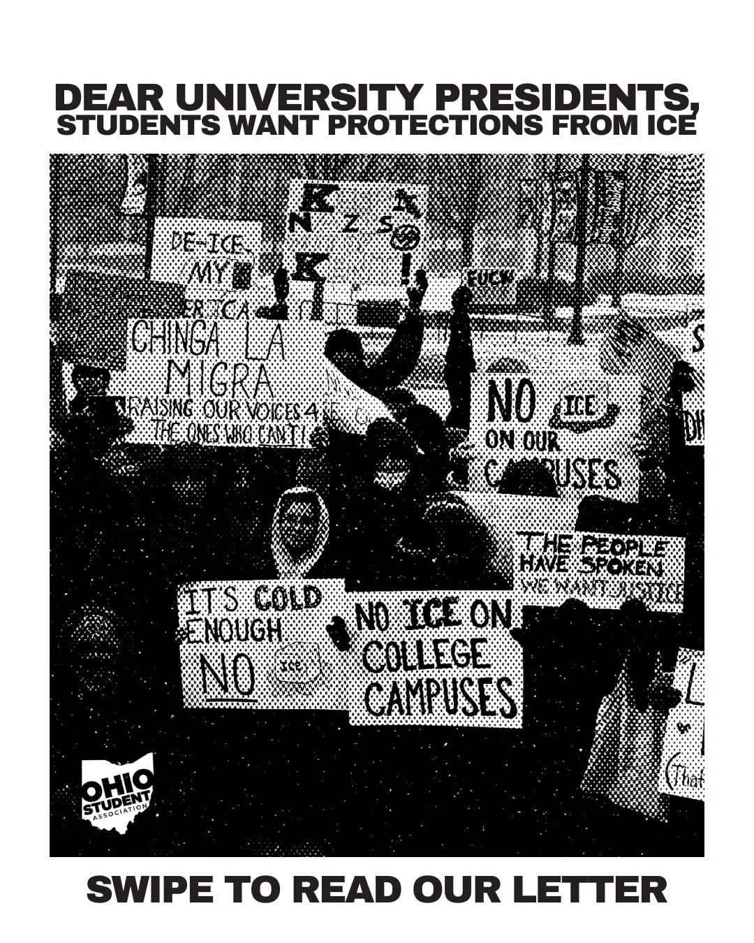 Dear University Presidents: we ask that you stand by our side, walk out with us on Friday, and commit to meeting with our student leaders to discuss ICE policies at your university. We anxiously await your response.

#ohiostudentassociation #college 