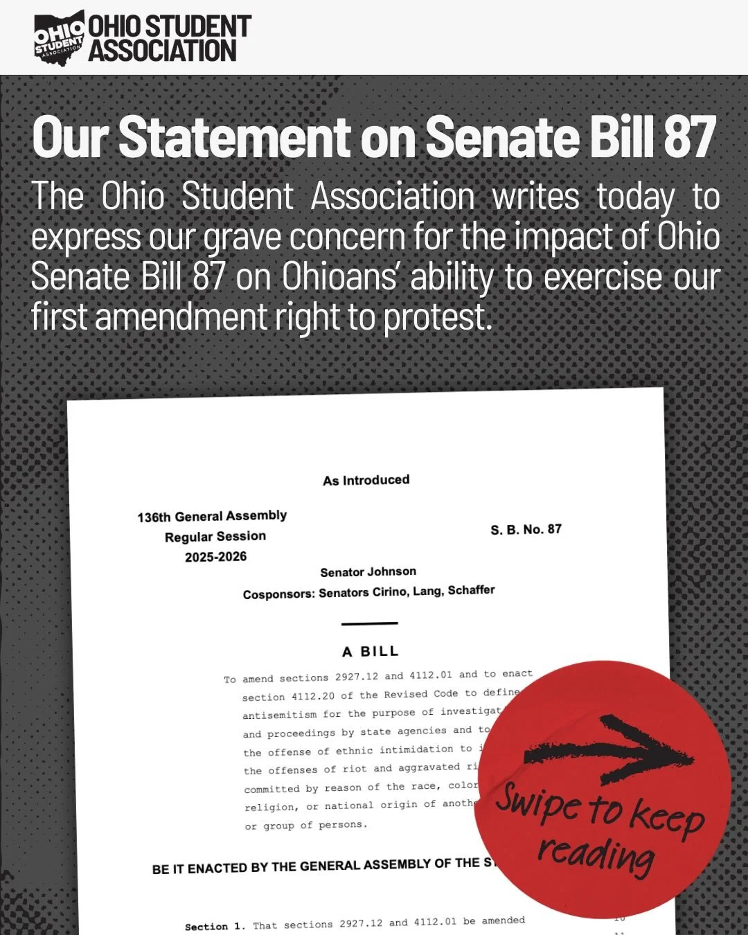 The Ohio Student Association writes today to express our grave concern for the impact of Ohio Senate Bill 87 on Ohioans&rsquo; ability to exercise our first amendment right to protest.

Swipe to read our full statement.

#ohio #politics #ohiosenate #