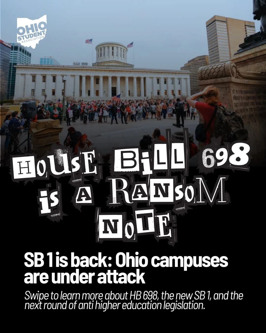Another ransom note for higher ed is making it&rsquo;s way through the statehouse &mdash; swipe to learn more about HB 698 and sign AAUP&rsquo;s petition by scanning the QR code or heading to the link in our bio.

#ohio #ohiostudentassociation #hb698