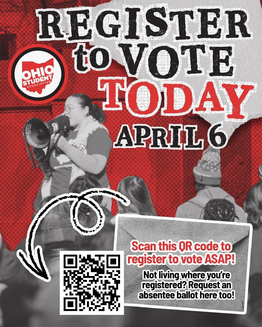 🚨YOU&rsquo;RE ALMOST OUT OF TIME🚨 April 6 is the FINAL DAY to register to vote in Ohio &mdash; and you can do it online! Scan the QR code or head to the link in our bio (OhioStudentAssociation.org/VOTE) to register. Not living where you&rsquo;re re