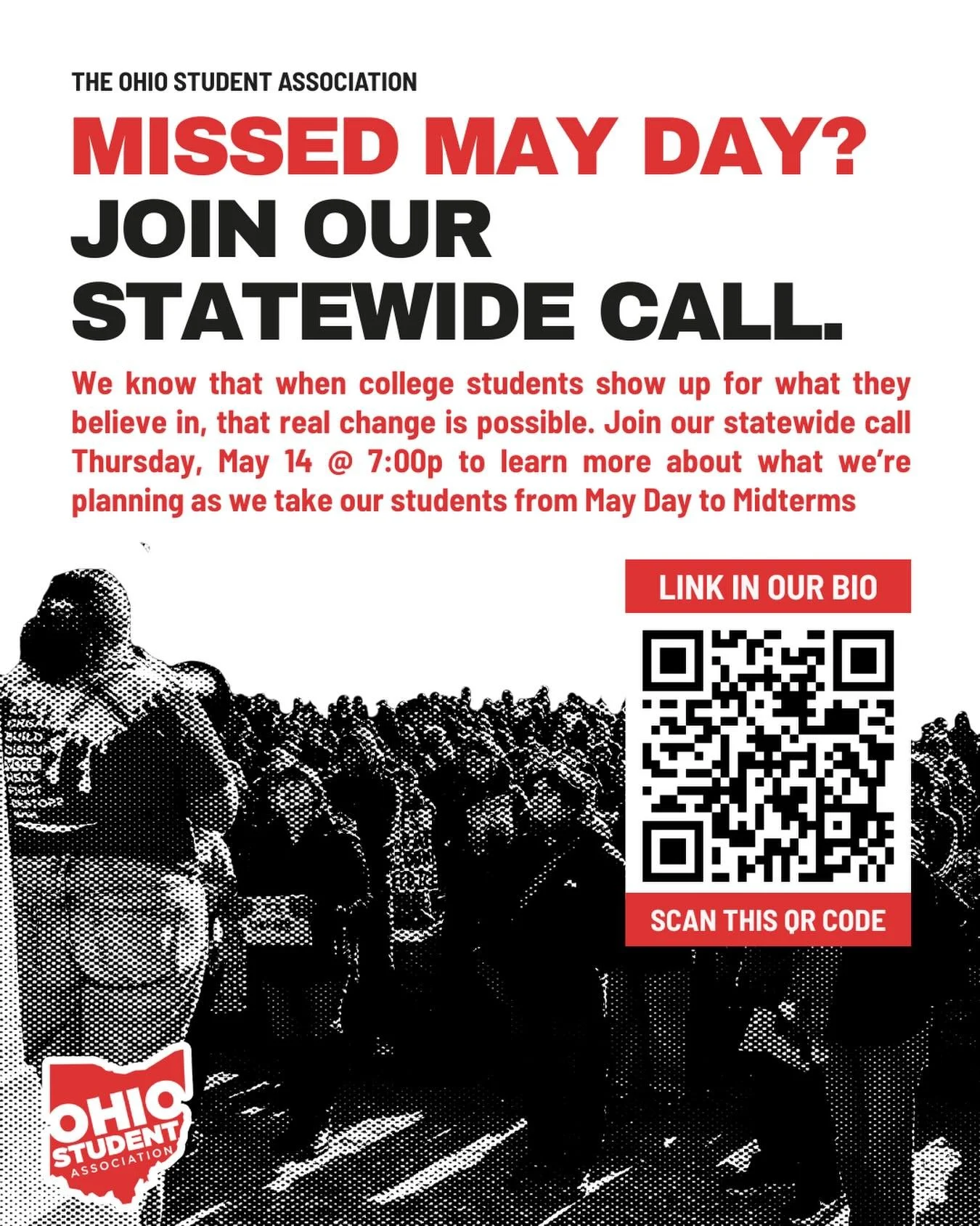 MASS CALL Thursday, May 14 @ 7:00p &mdash; We know that when college students show up for what they believe in, that real change is possible. Join our statewide call to learn more about what we&rsquo;re planning as we take our students from May Day t