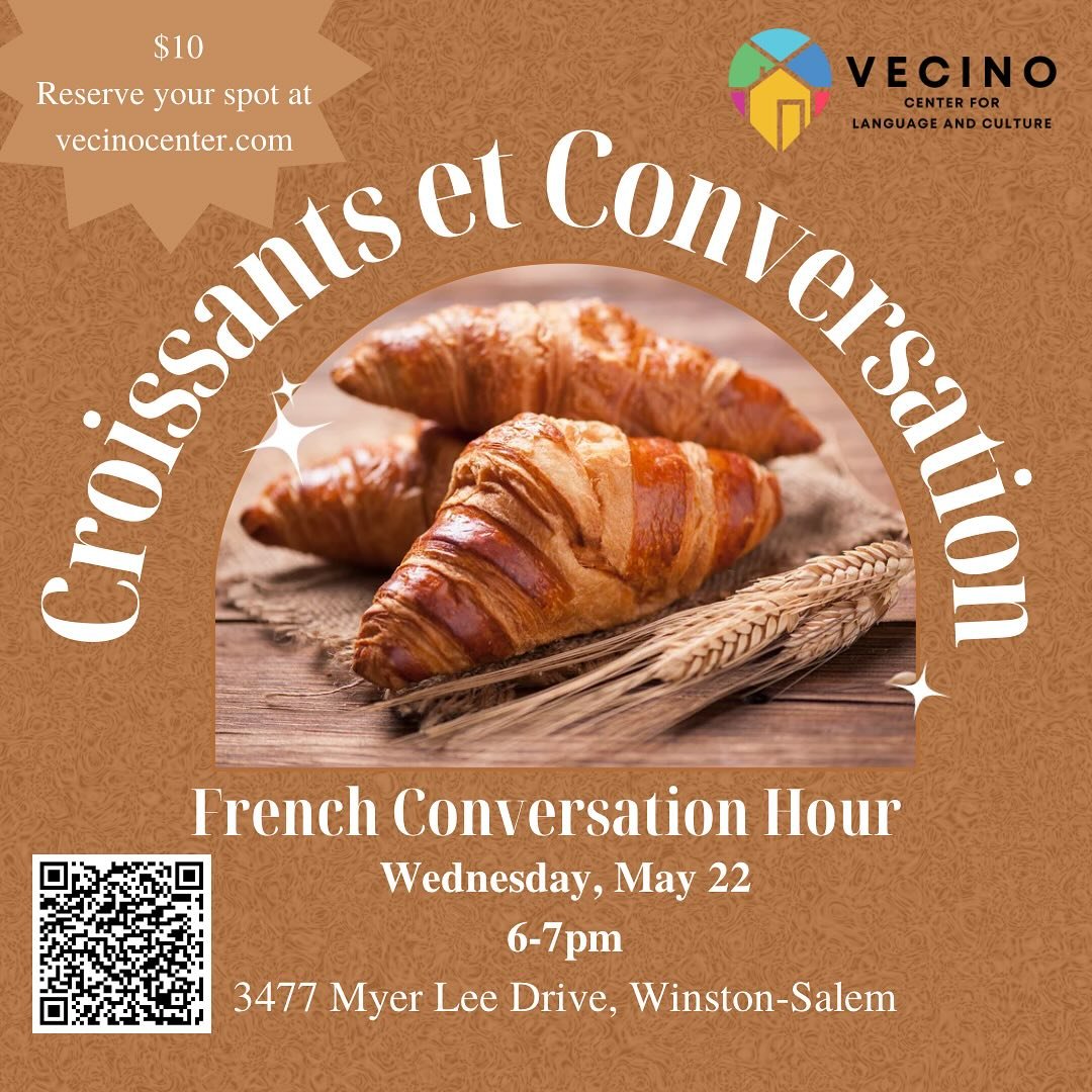 You know it and love it&hellip; our monthly Croissants et Conversation is happening on May 22 🥐! It&rsquo;s always so much fun to connect with other Francophones in the Triad over a coffee and croissant. Reserve your spot at vecinocenter.com (link i