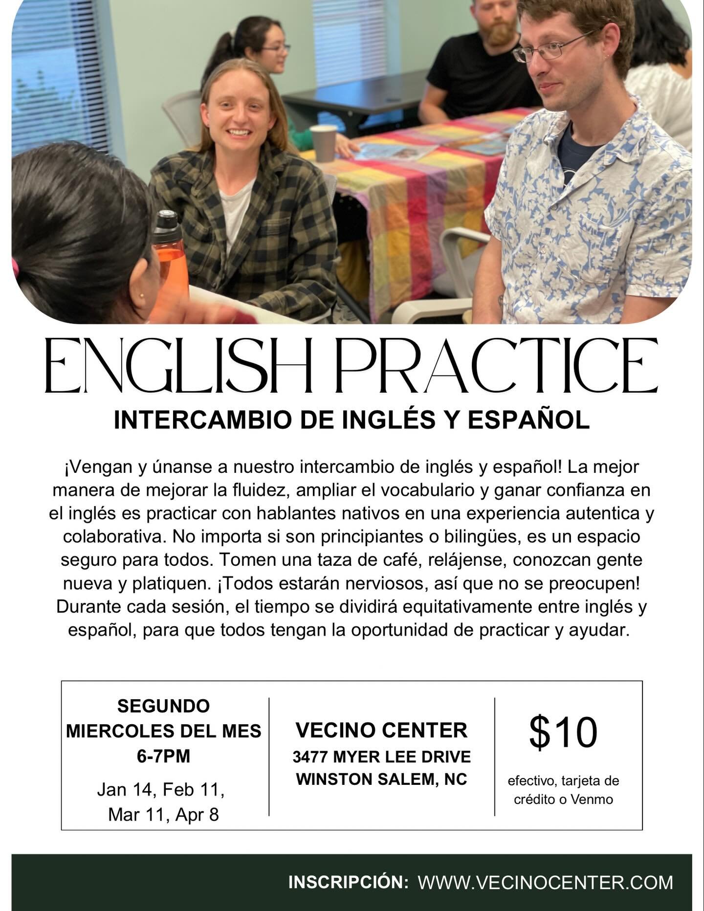 Hispanohablantes &iexcl;Vengan y &uacute;nanse a nuestro intercambio de ingl&eacute;s y espa&ntilde;ol!

Fechas &mdash; segundo mi&eacute;rcoles del mes
&bull; 14 de enero de 2026, de 6:00 a 7:00 p. m.
&bull; 11 de febrero de 2026, de 6:00 a 7:00 p. 