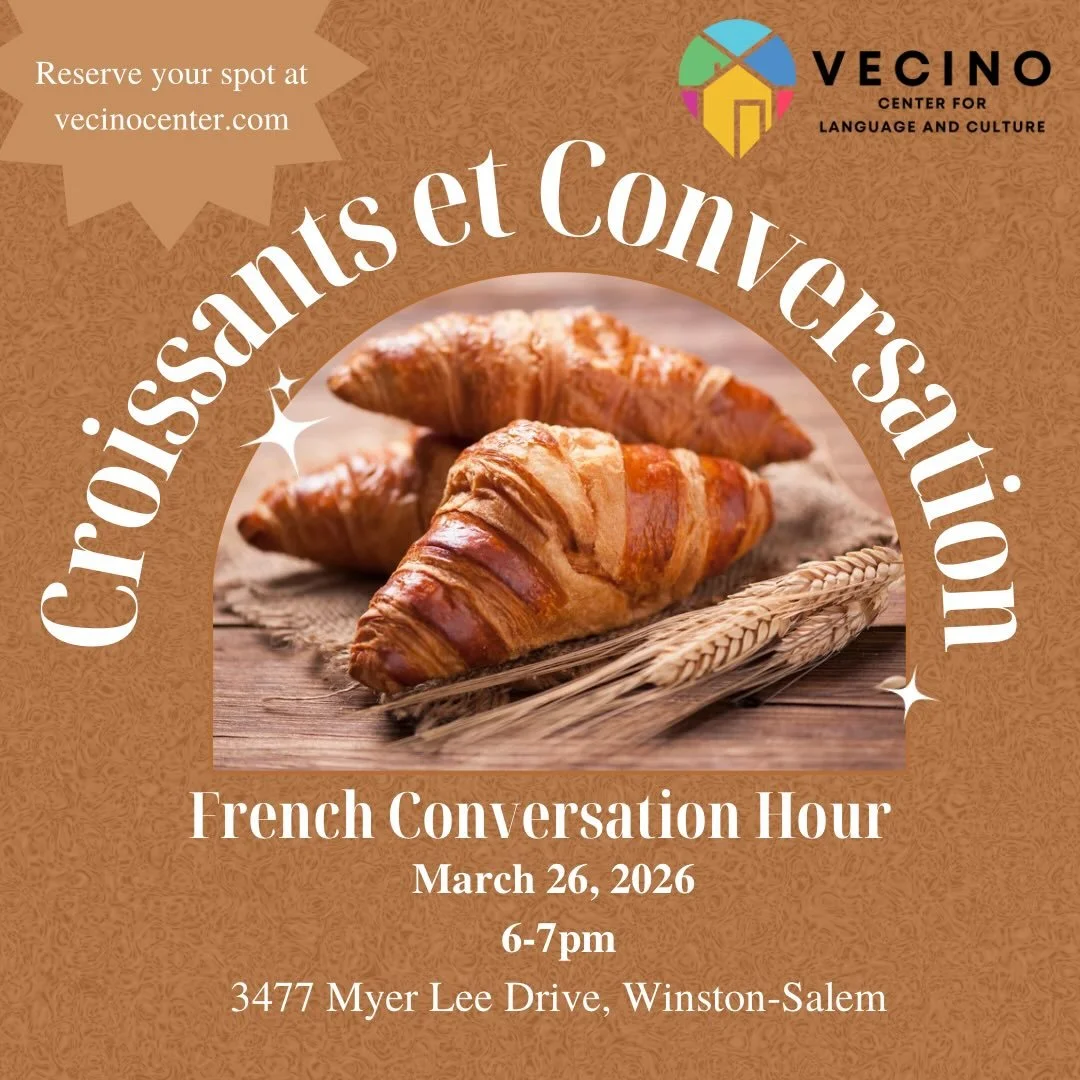 This Thursday, join us at Vecino Center for our French Conversation Hour! All language levels (novice to fluent) are welcome. 🥐🇫🇷🗣️

Purchase your ticket online in advance at Vecinocenter.com or $10 drop-ins welcome (cash or Venmo).