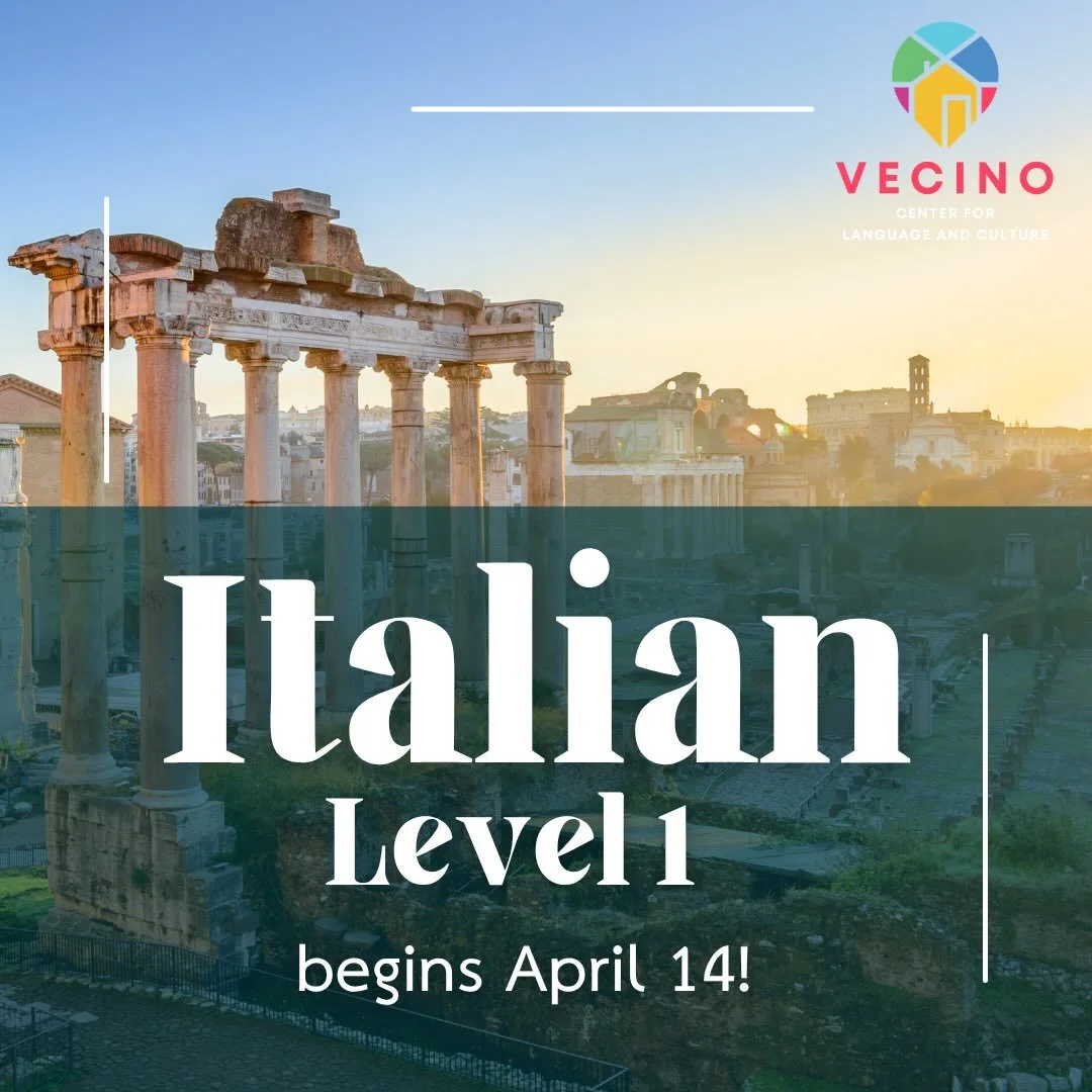 Italian Level 1 begins next week and we have just a few spots left. Our courses are speaking based so get ready to talk starting from the very first class. Join us! Enroll at Vecinocenter.com (link in bio).