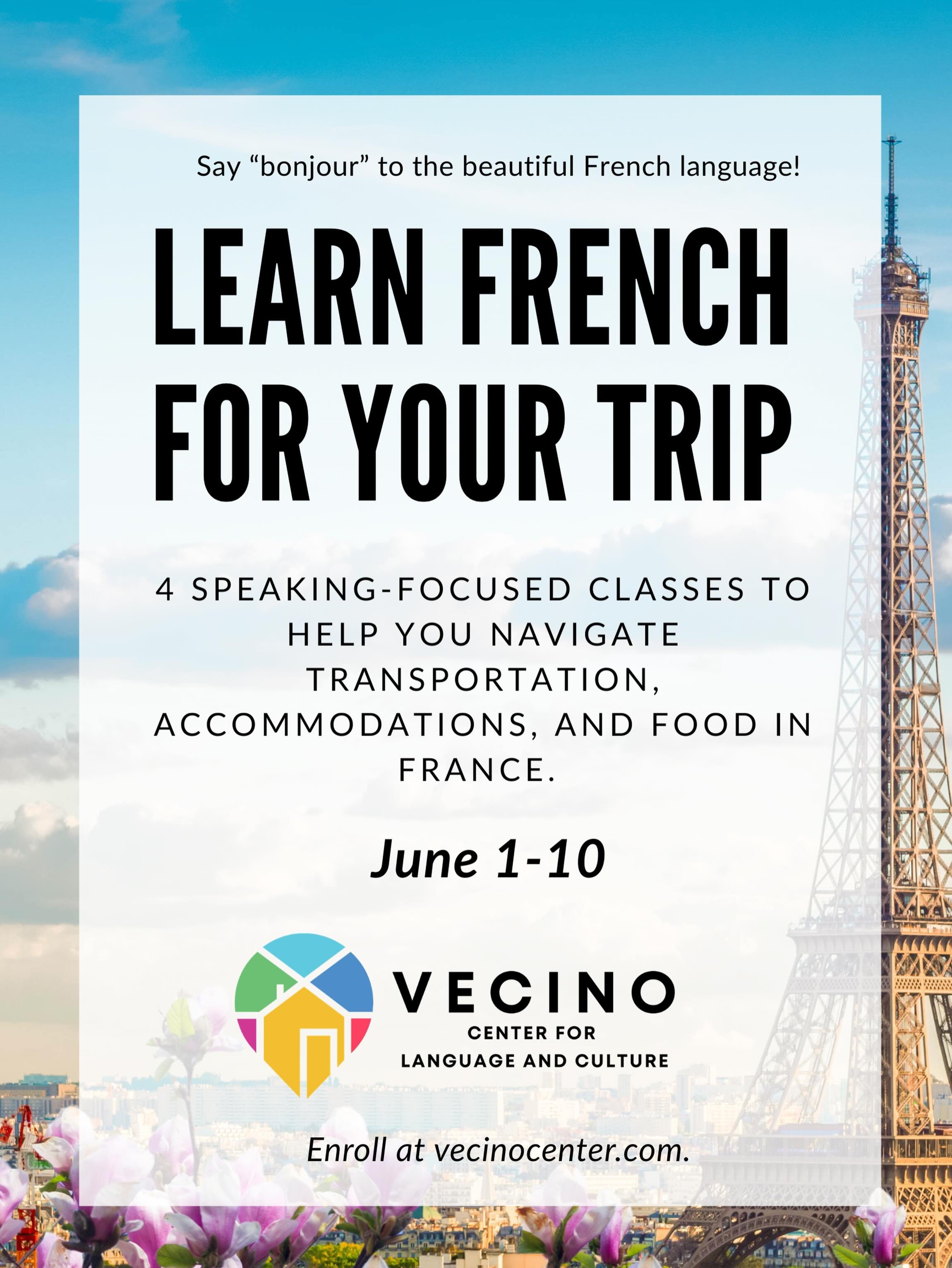 Traveling to France? Join us for this special 4 night course where we teach you all you need to know to communicate your needs in this beautiful language!

Enroll at vecinocenter.com (link in bio)!