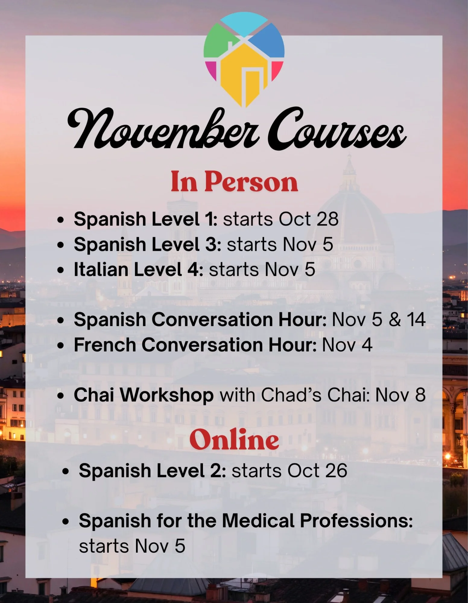 November courses starting soon! Sign up at vecinocenter.com (link in bio). 

Don&rsquo;t miss out on our:
-in person Spanish and Italian courses
-online Soanish courses
-in person Spanish and French conversation hours
-Spanish for the Medical profess