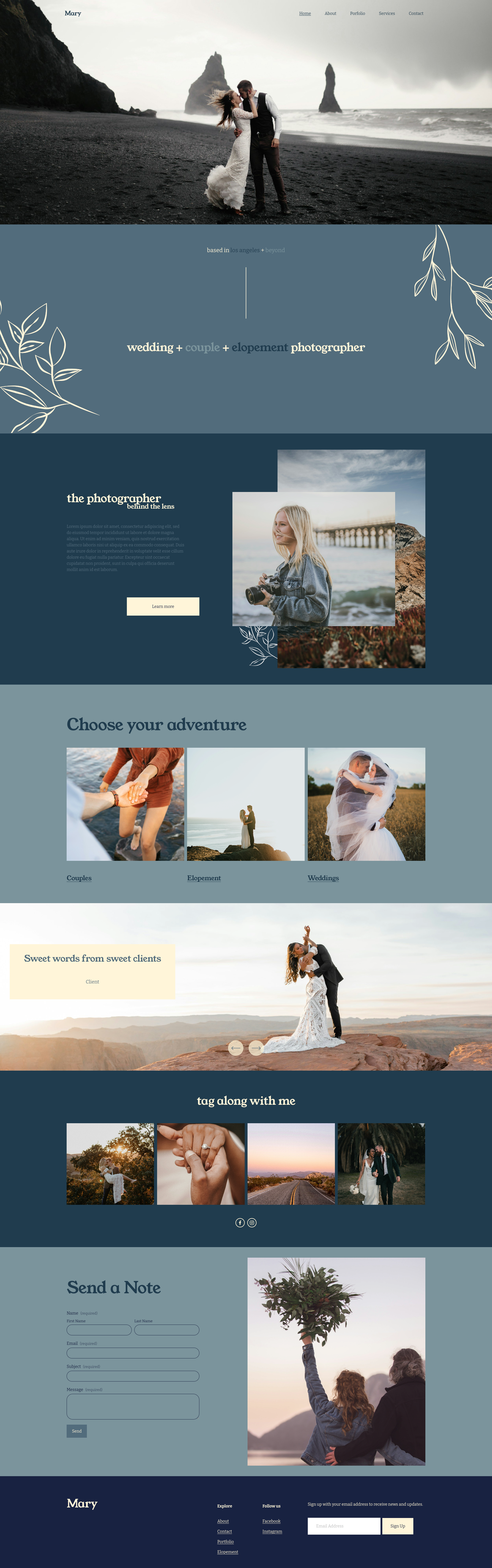 A website homepage for a wedding and elopement photographer featuring a large header image of a couple kissing on a beach with rock formations in the background. The site has sections about the photographer, adventure packages for couples, elopements, and weddings, with various photos of couples and scenes of outdoor and destination photography. There are social media icons, a testimonial, a tag section with images, a contact form, and footer links.