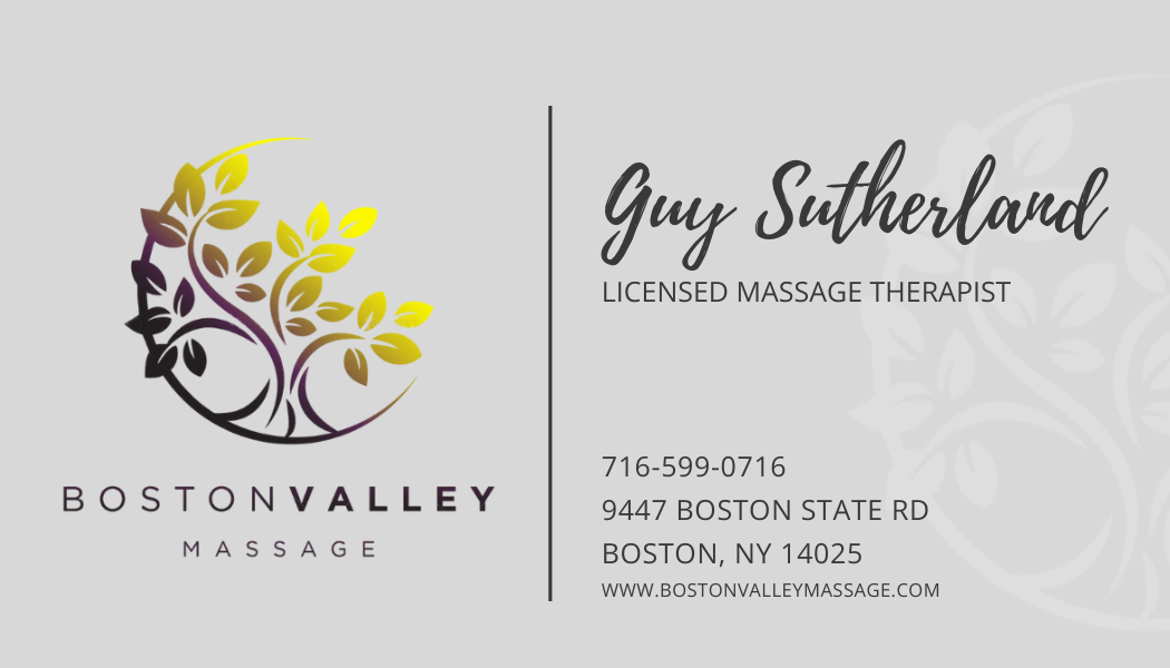 Business card for Guy Sutherland, licensed massage therapist, with logo of a stylized tree with leaves in purple, yellow, and black, and contact information including phone number, address, and website.