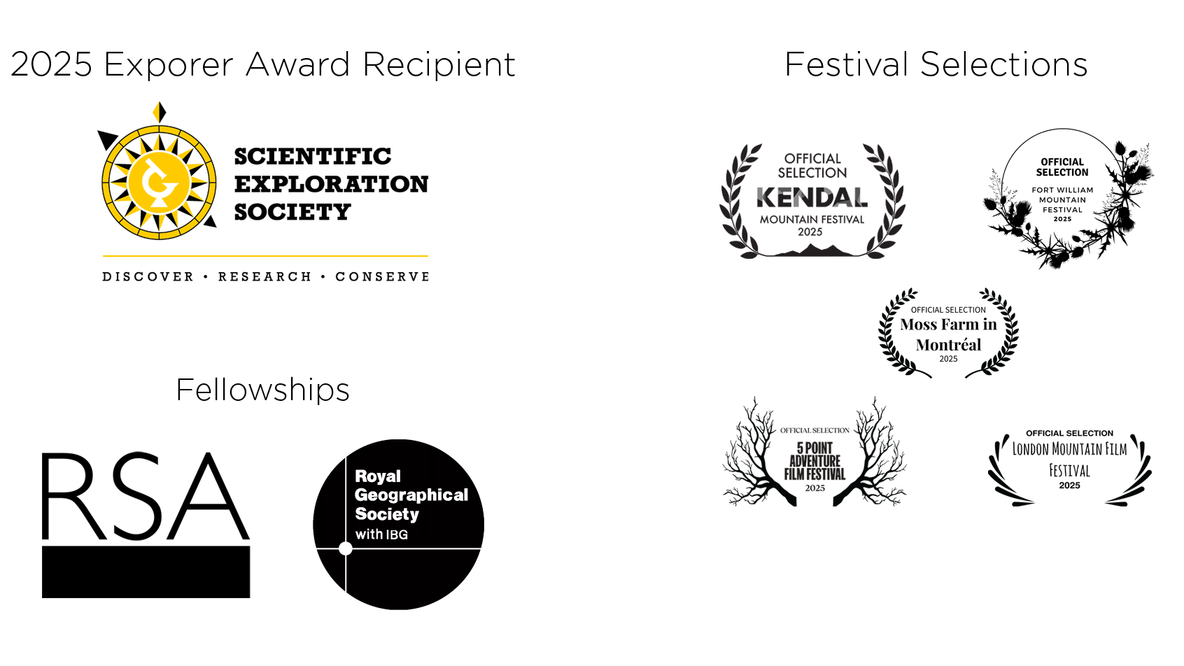 A banner showing Rob Waugh's credits; 2025 Neville Shulman Award Recipient from the Scientific Exploration Society. Fellow of the Royal Geographical Society. Fellow of the Royal Society of Arts. Festival selections including Kendal, Fort William, etc