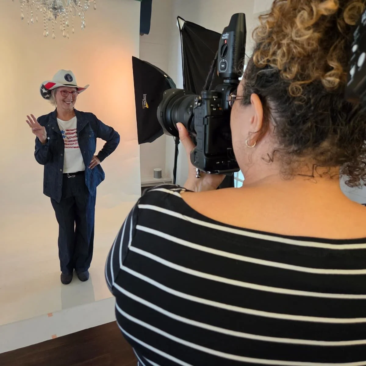 Behind the Scenes at Rinat Halon Photography! 
Our fabulous client Marilyn is back in the studio &mdash; this time with a bold patriotic theme for her new headshots! 🎯✨
We love seeing returning faces and watching our clients express their unique sty