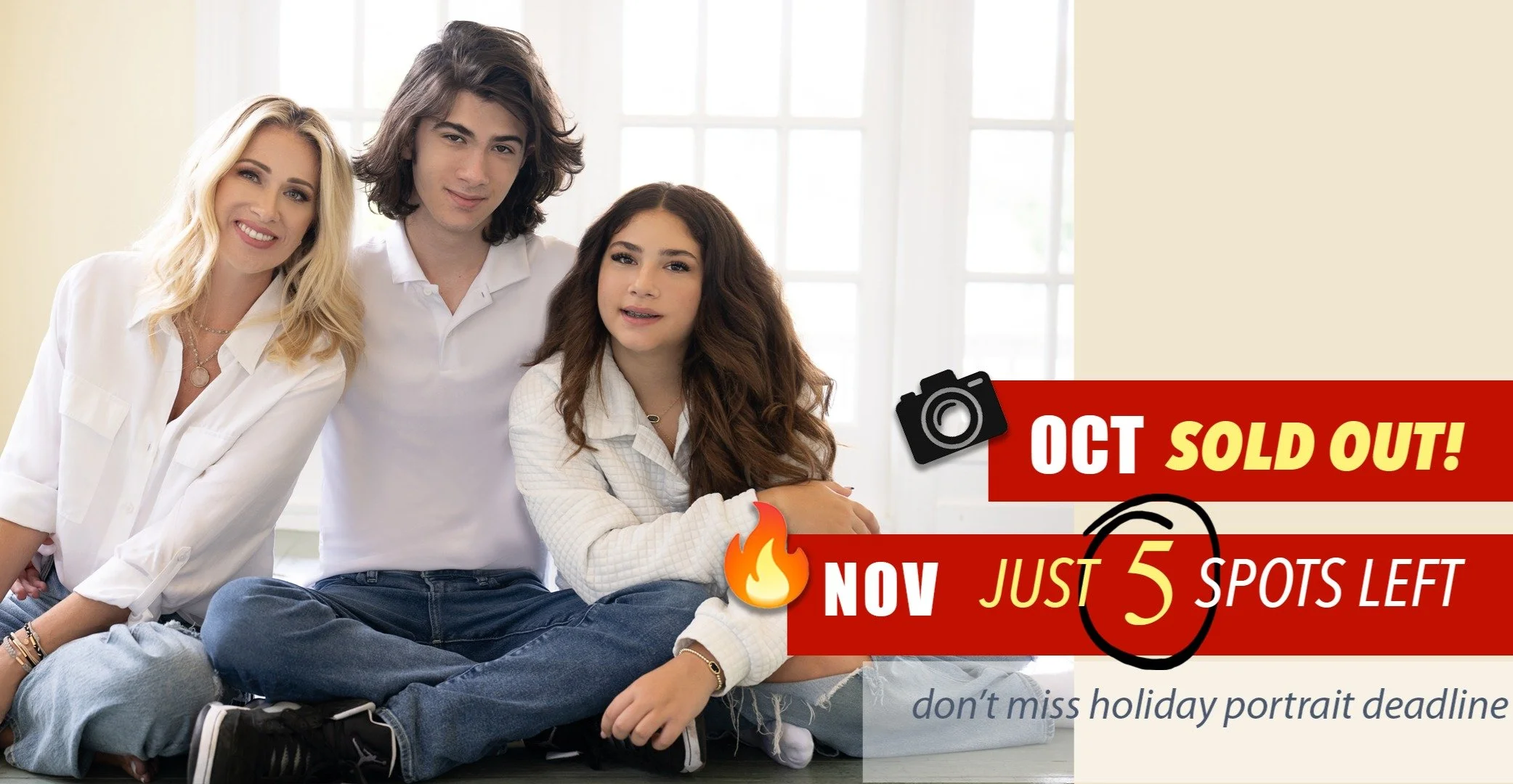 🎉 Just 5 Spots Left! 🎉
That&rsquo;s it &mdash; only FIVE family sessions left in November! 🍂✨

It&rsquo;s the perfect time to update your portraits while the weather&rsquo;s beautiful and the holiday rush hasn&rsquo;t hit yet. From golden sunsets 