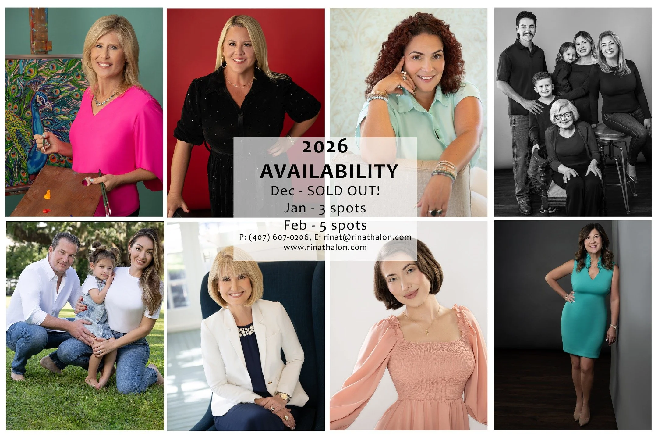 2026 Availability 
Dec-Sold Out 
Jan- 3 Spots 
Feb- 5 Spots 
www.rinathalon.com
rinat@rinathalon.com
(407) 607-0206