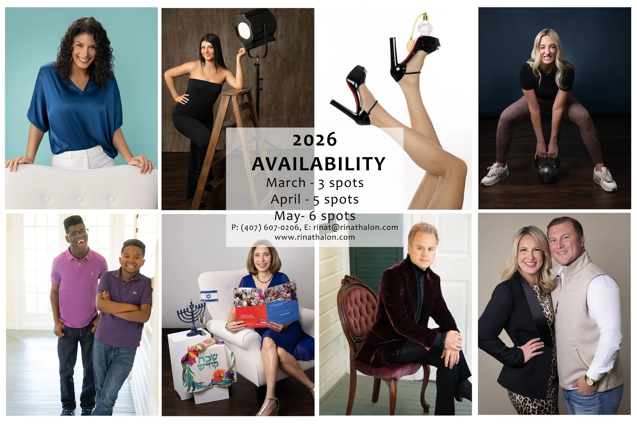 2026 AVAILABILITY
March - 3 spots
April - 5 spots
May- 6 spots
P: (407) 607-0206,
E: rinat@rinathalon.com
www.rinathalon.com