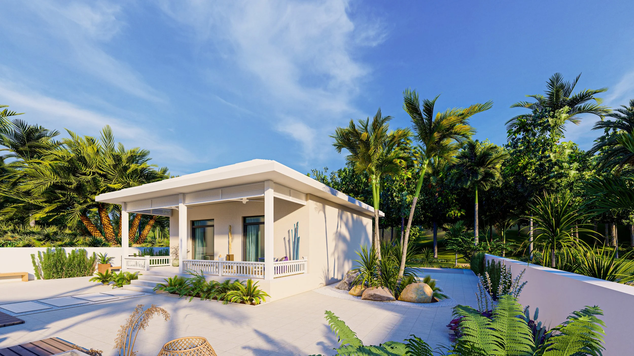 Bauhu hurricane resistant modular home white house with a covered porch, surrounded by tropical palm trees and lush greenery on a sunny day with blue sky.