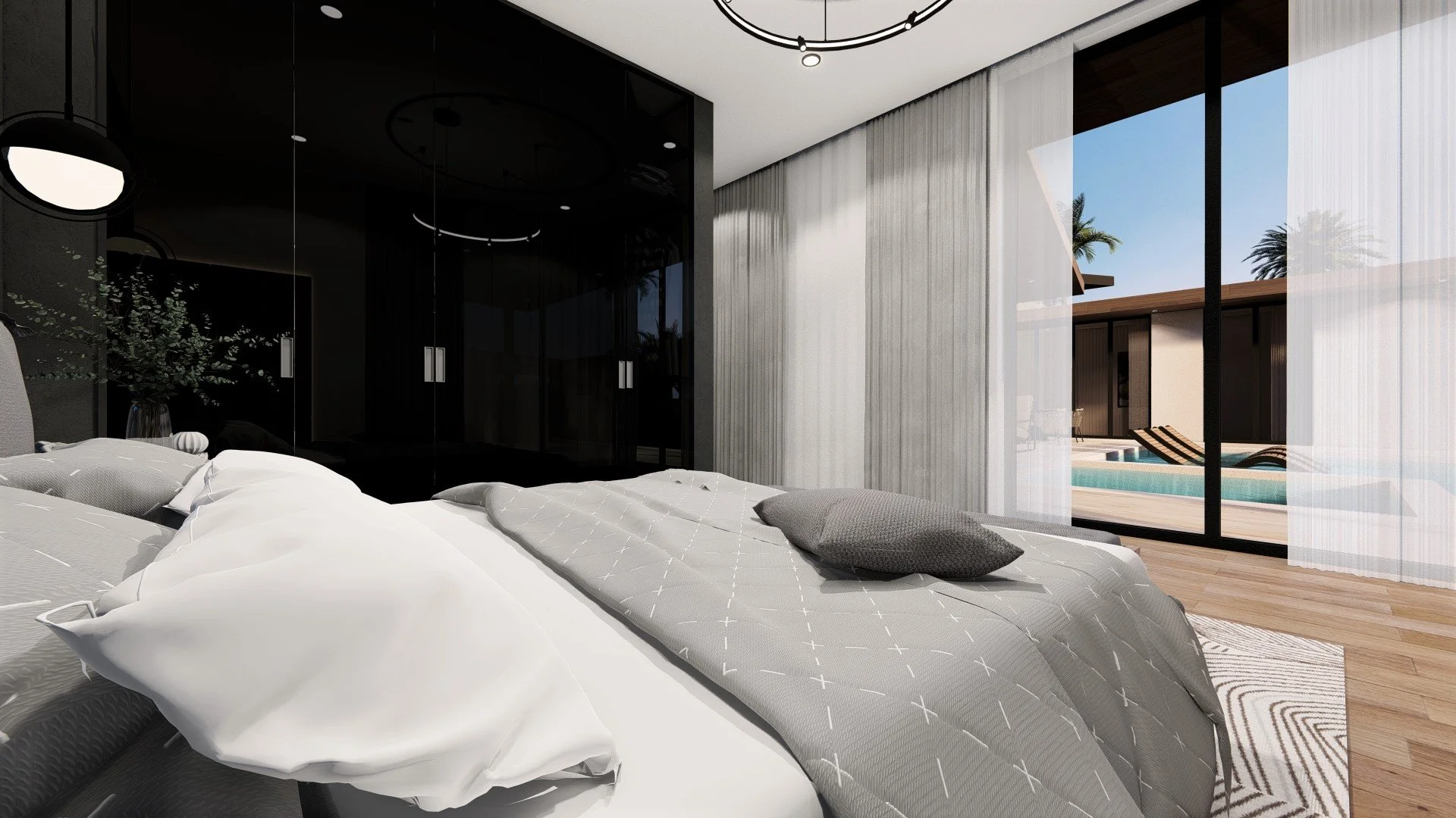 Elegant master bedroom suite with modern furnishings in a luxurious Bauhu modular home