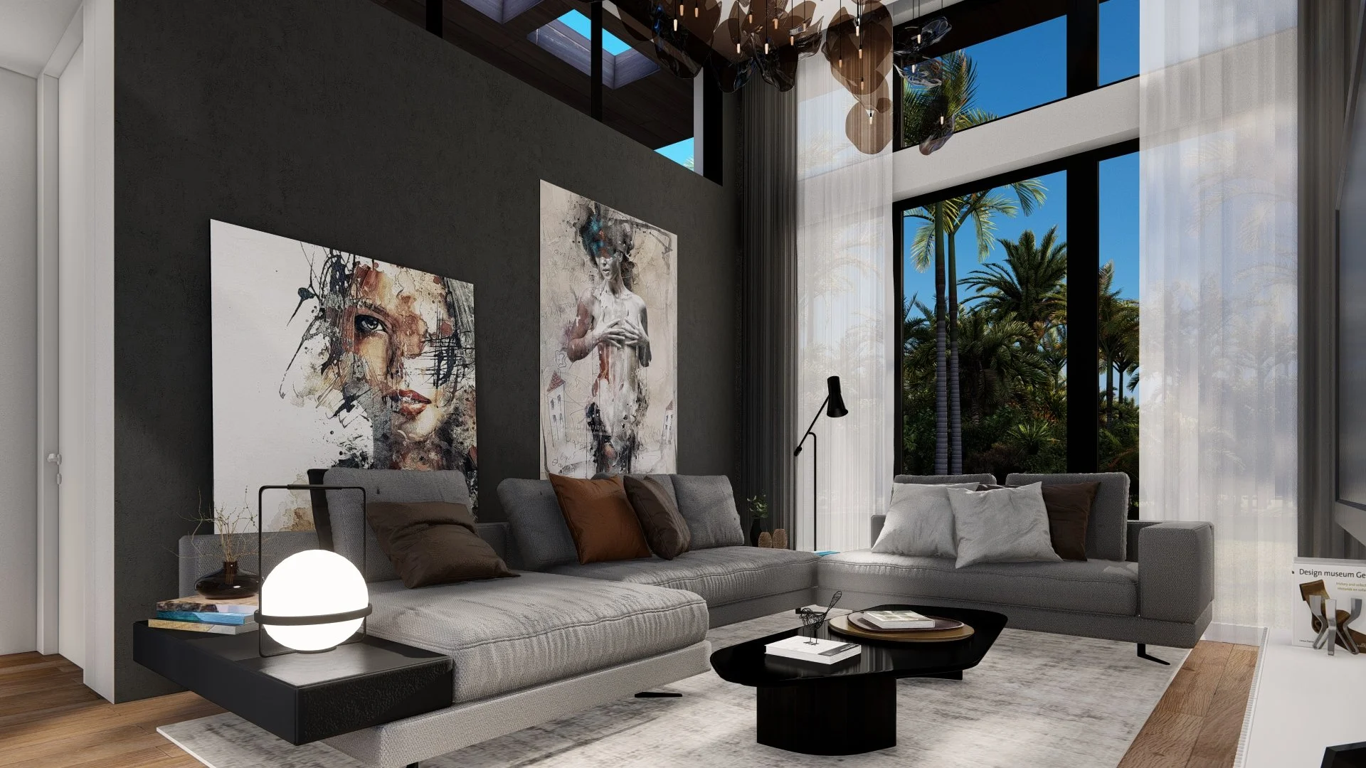 Modern modular, hurricane resistant steel frame Bauhu living room with a grey sectional sofa, abstract art on a dark wall, black coffee table, and tall windows showing palm trees and a blue sky outside.