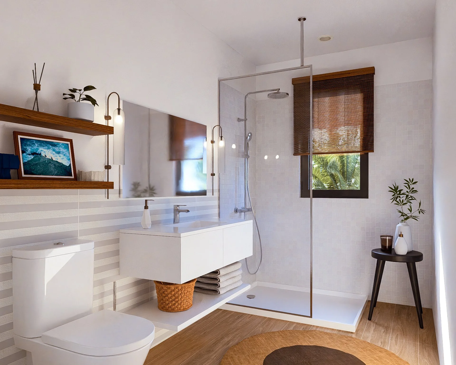 Bauhu hurricane resistant modular home bathroom with glass shower, white vanity, toilet, wooden shelves with decorative items, window with blinds, wooden floor, and a small side table with plants and vases.
