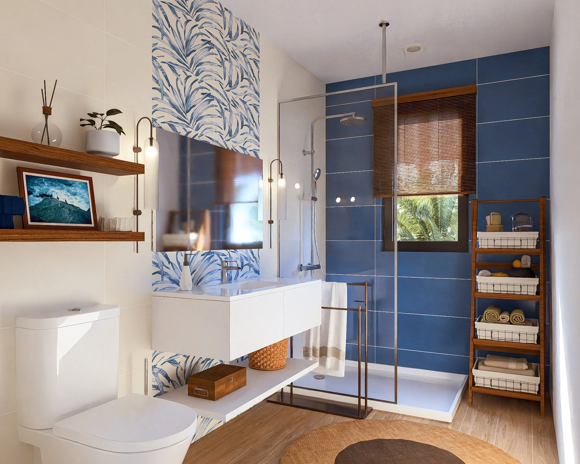 Bauhu hurricane resistant modular home bathroom with blue and white color scheme, featuring a walk-in shower, a wall-mounted mirror, a small vanity with a vessel sink, and wooden shelves with towels and decorative items.