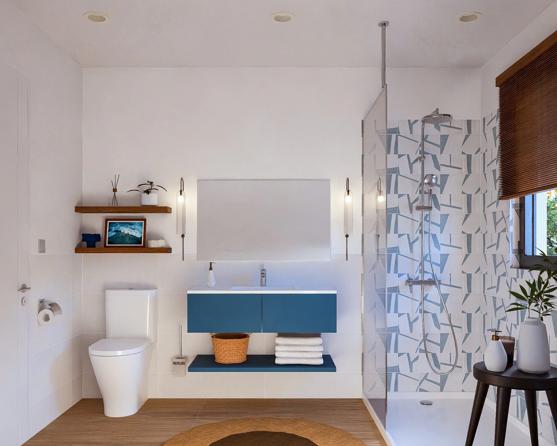 Bauhu hurricane resistant modular home Modern bathroom with a toilet, blue vanity, mirror, shower with patterned tiles, and wooden accents including a window blind and shelves with decorative items.