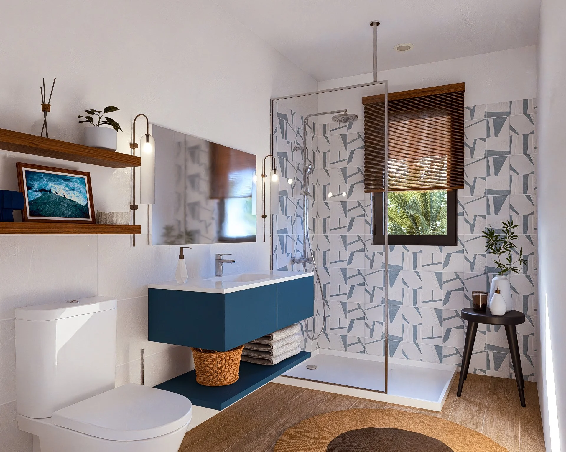 Bauhu hurricane resistant modular home bathroom with a raining shower, blue vanity, wooden accents, and decorative tiles, featuring a window with brown blinds and a small black side table with vases and a plant.