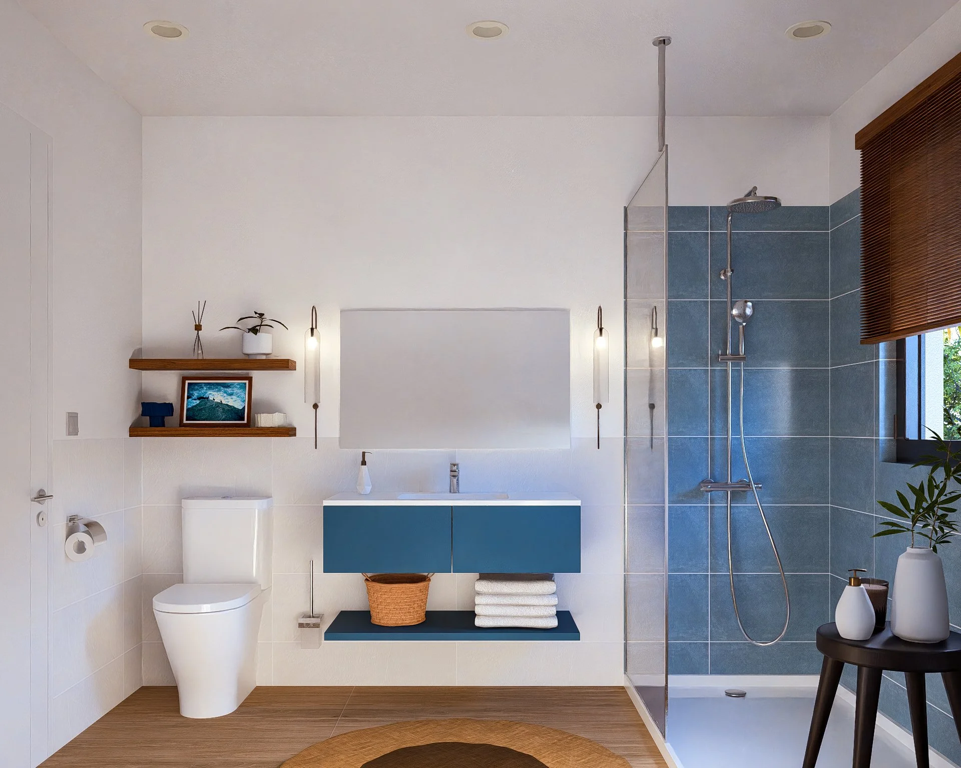 Bauhu hurricane resistant modular home bathroom with white walls, blue vanity, mirror, wall-mounted light fixtures, toilet, floating shelves with decor, shower area with blue tiles, window with brown blinds, potted plant, and wooden flooring.