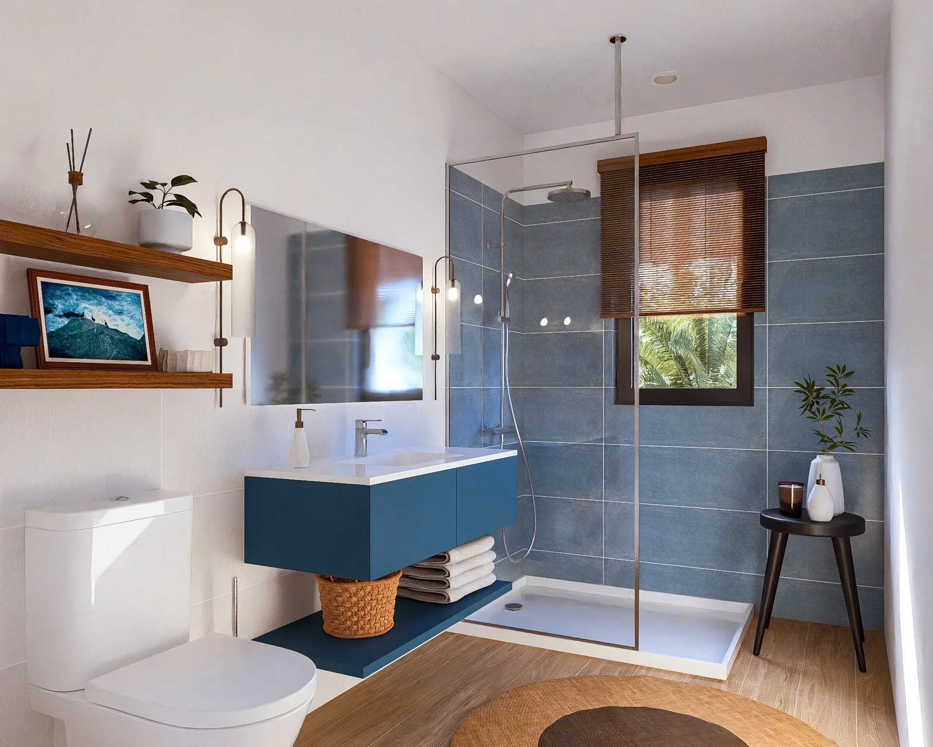 Bauhu hurricane resistant modular home bathroom with a walk-in shower, blue tiled wall, white toilet, blue vanity with a white sink, a mirror, wooden shelves with decorative items, and a window with brown blinds letting in natural light.