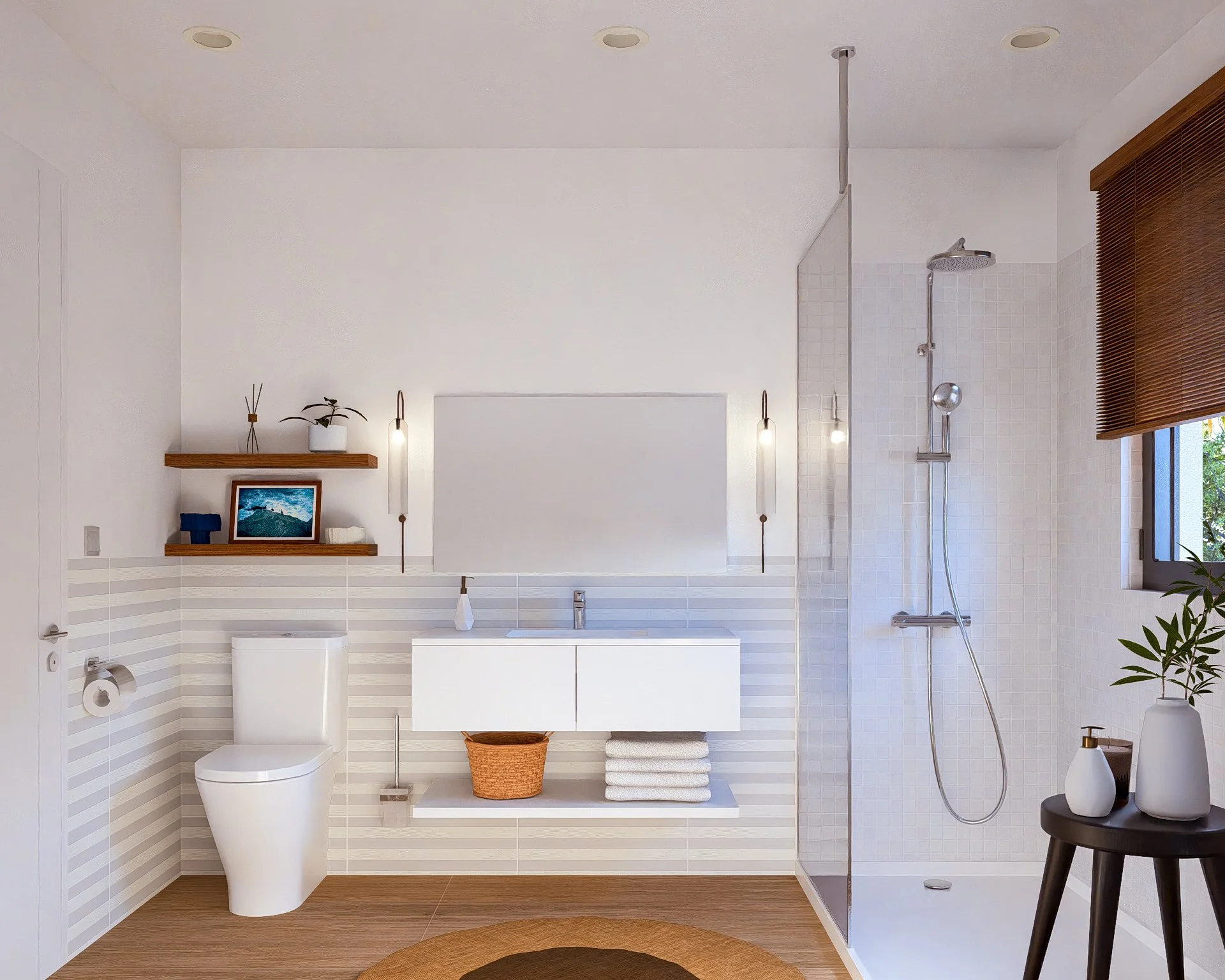 Bauhu bathroom with white wall with horizontal stripes, toilet, white vanity with sink, mirror, wall-mounted lights, open shelving with towel and basket, walk-in shower with glass enclosure, window with blinds, and decorative plant on side table.