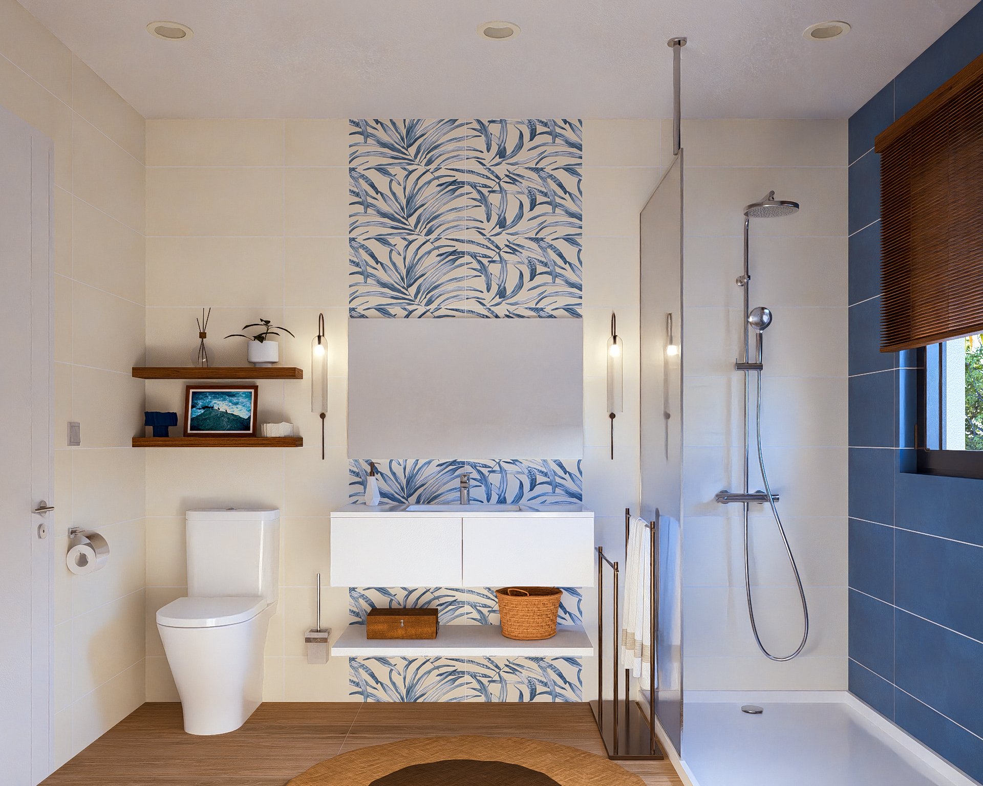 Bauhu hurricane resistant modular home bathroom with a walk-in shower, a white toilet, shelving with plants and artwork, a large mirror, and a window with wooden blinds. Decor in neutral and blue tones.