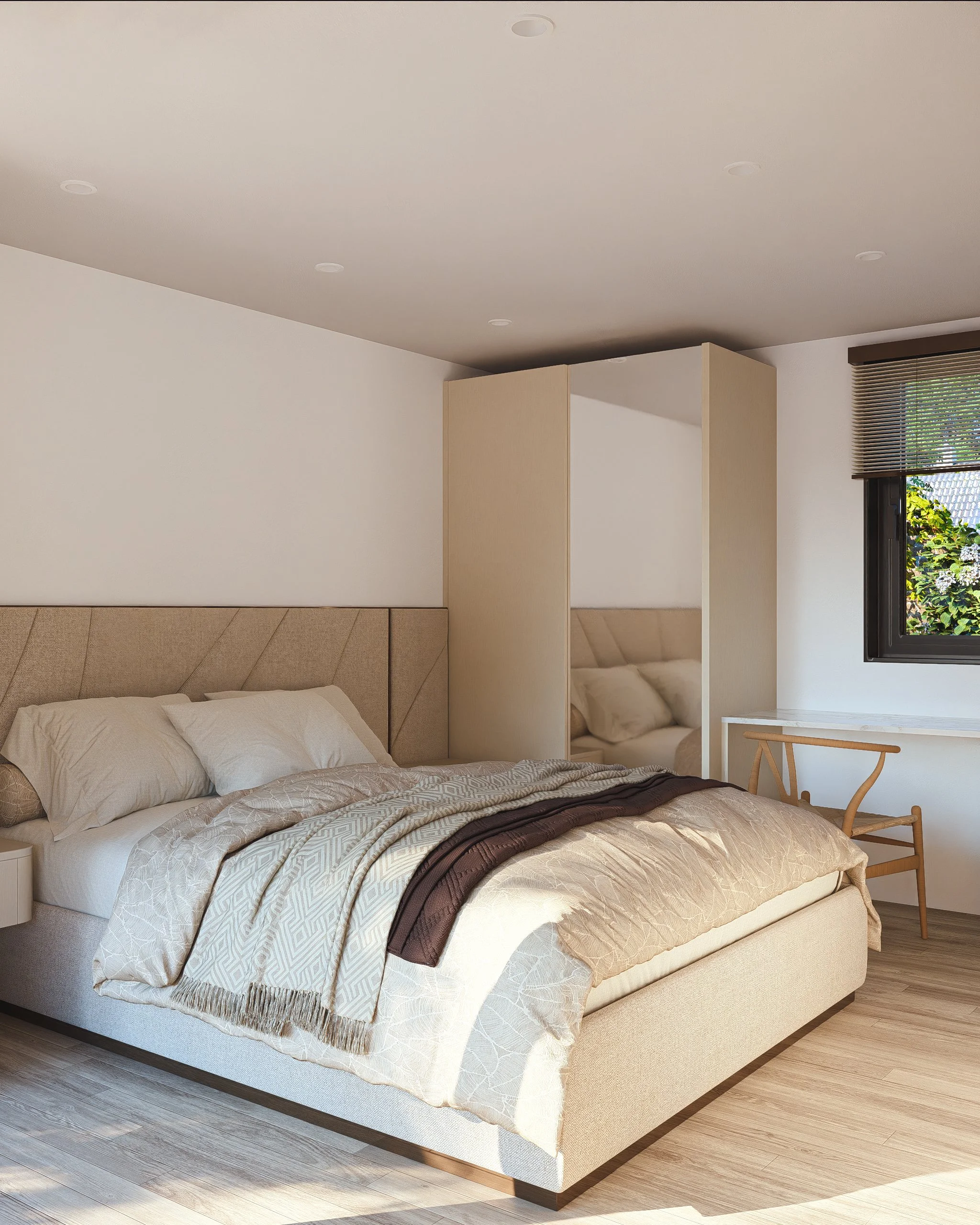 Bauhu hurricane resistant modular home bedroom with a beige upholstered bed, cream bedding, and a dark brown throw, a light wood nightstand, a window with brown blinds, and a built-in sitting nook with cushions.