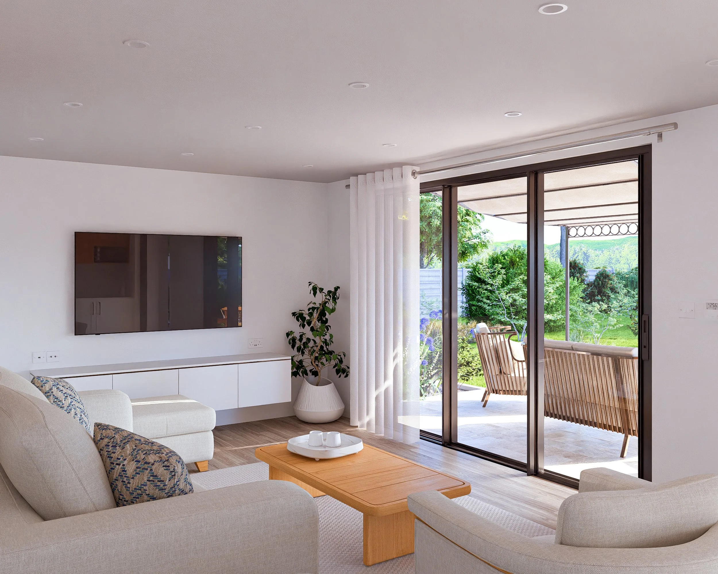 Bauhu hurricane resistant modular home Living room with beige sofas, wooden coffee table, television, potted plant, and large sliding glass doors leading to a patio with outdoor seating and greenery.