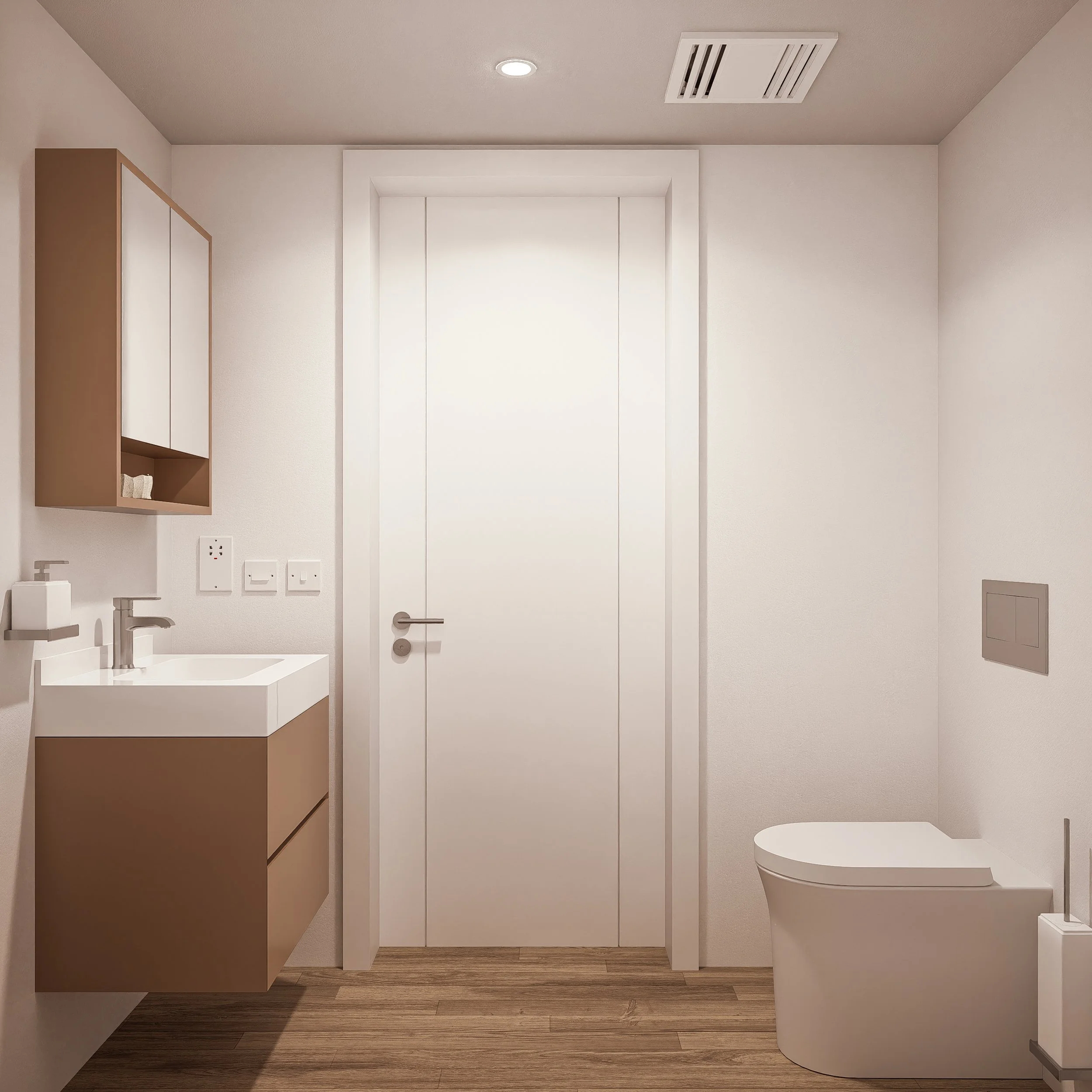 Minimalist modern Bauhu hurricane resistant modular home bathroom with a white toilet, a white vanity with a sink, a wall-mounted cabinet, and a wooden floor.