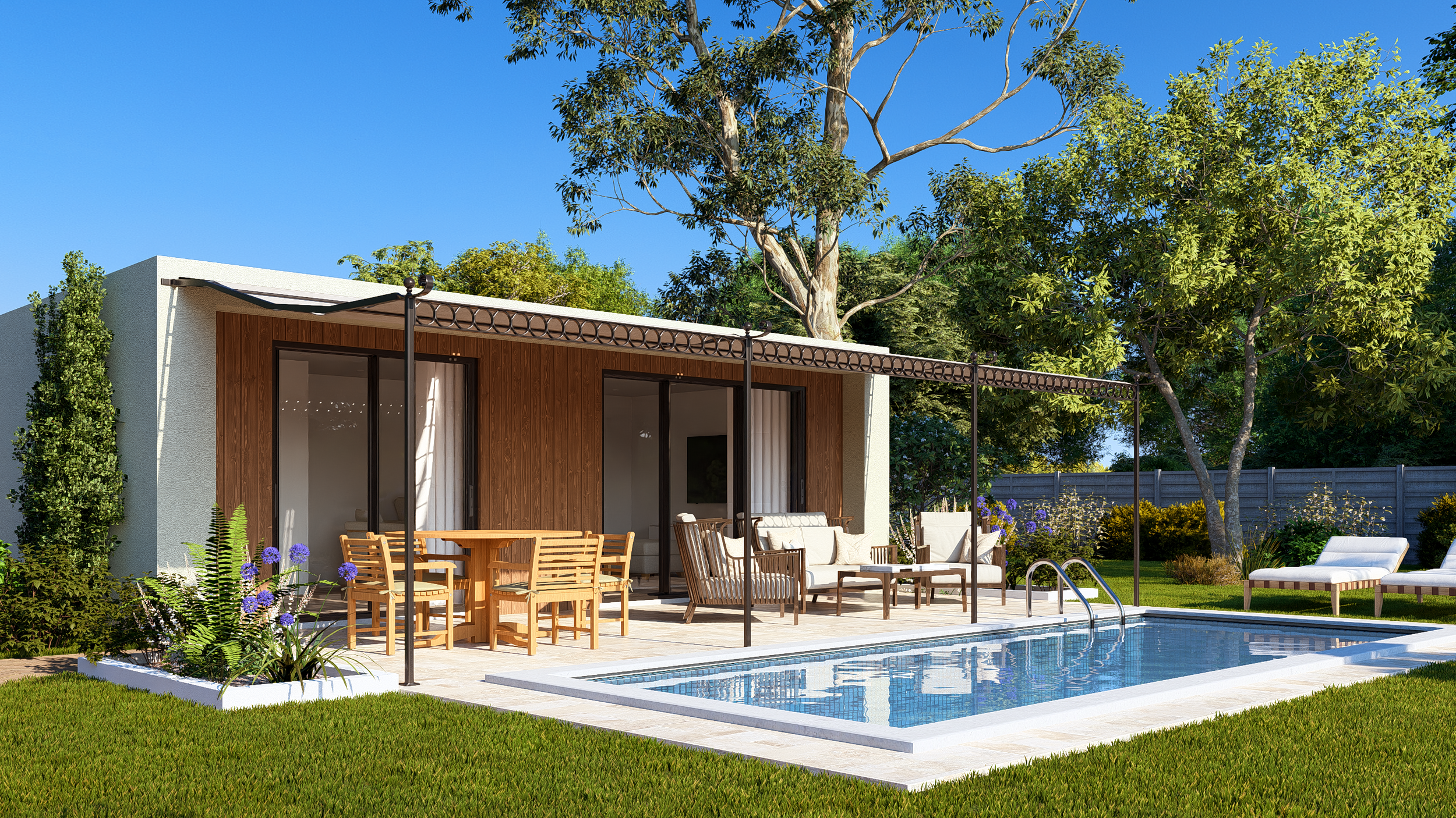 Bauhu hurricane resistant modular home with a small pool, outdoor seating, trees, and a modern house with sliding glass doors