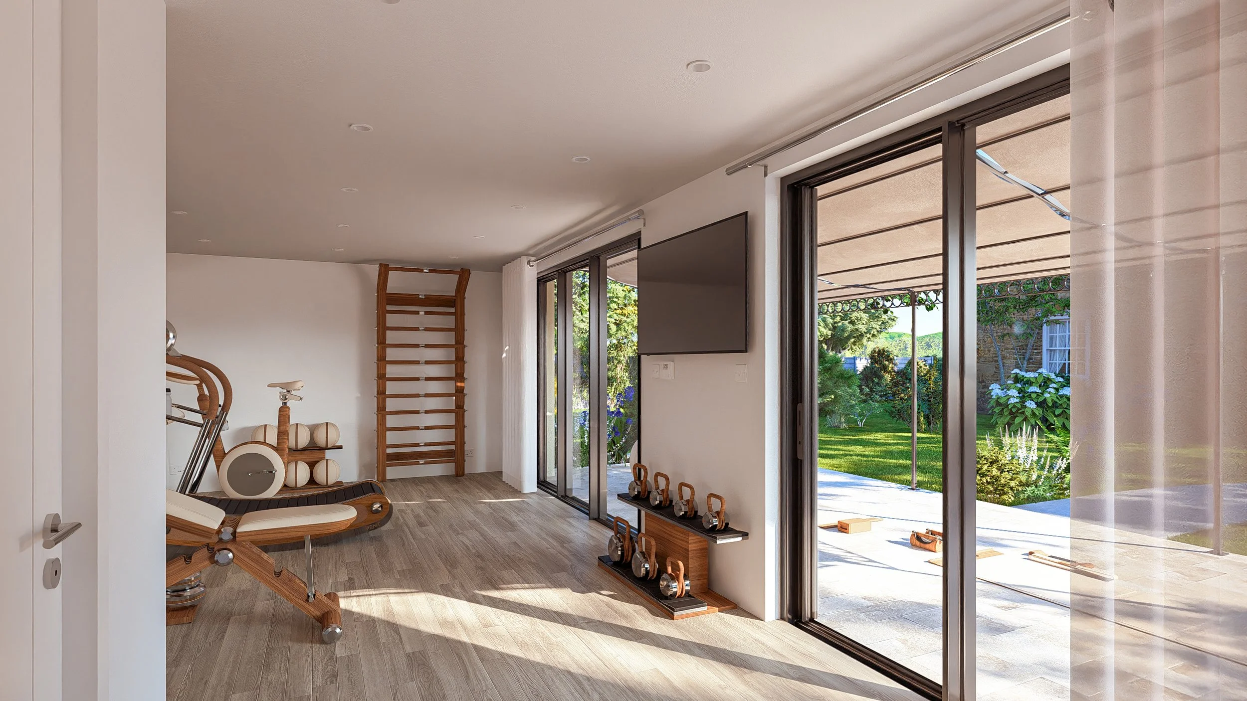 Bauhu hurricane resistant modular hospitality pod  home gym with wooden exercise equipment, including a bench, a ladder, and a set of kettlebells and medicine balls, with large sliding glass doors leading to a backyard.