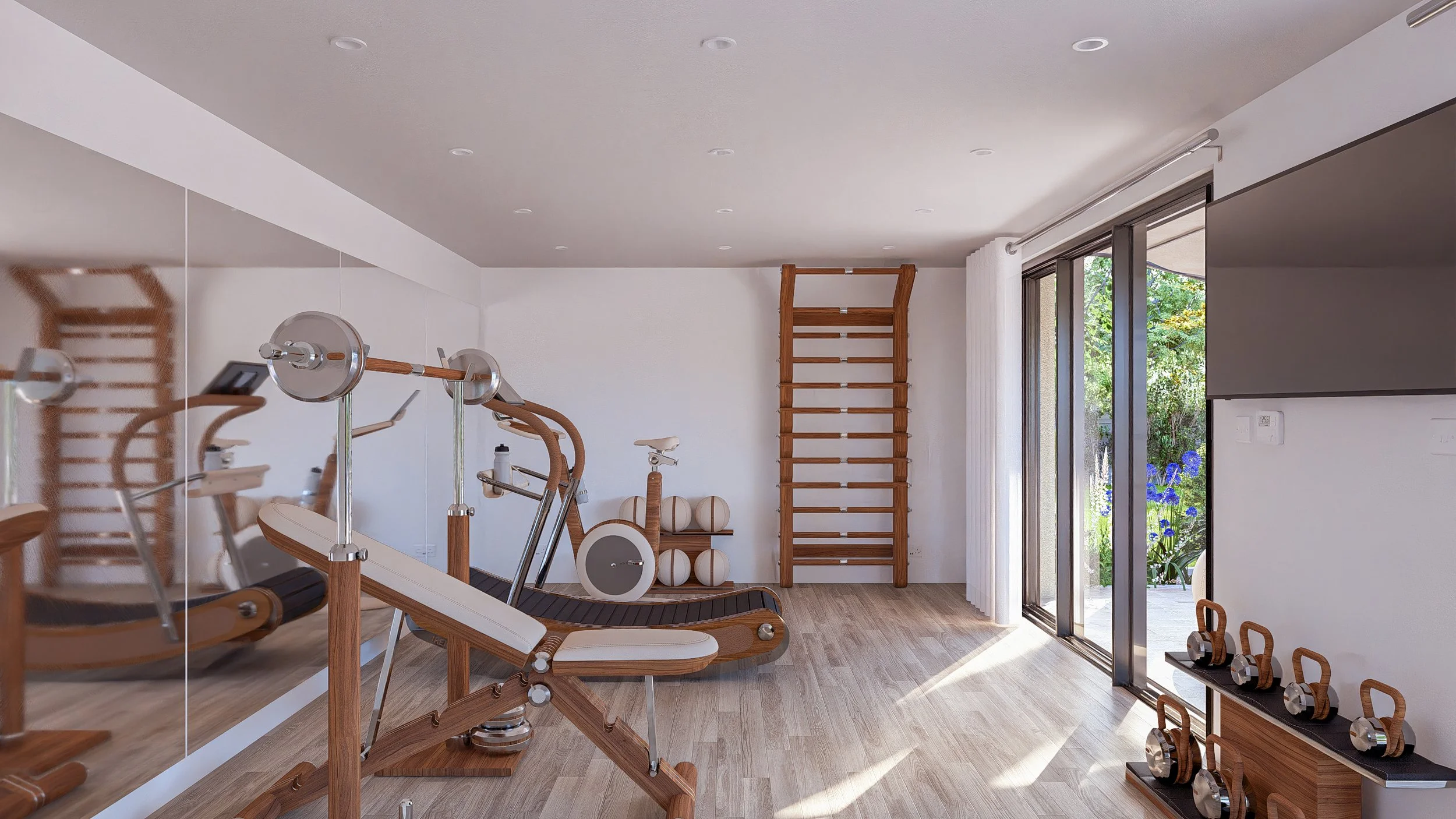 Bauhu hurricane resistant modular hospitality pod Home gym with wooden workout equipment, kettlebells, and medicine balls near a large mirror and sliding glass door leading to an outdoor garden.