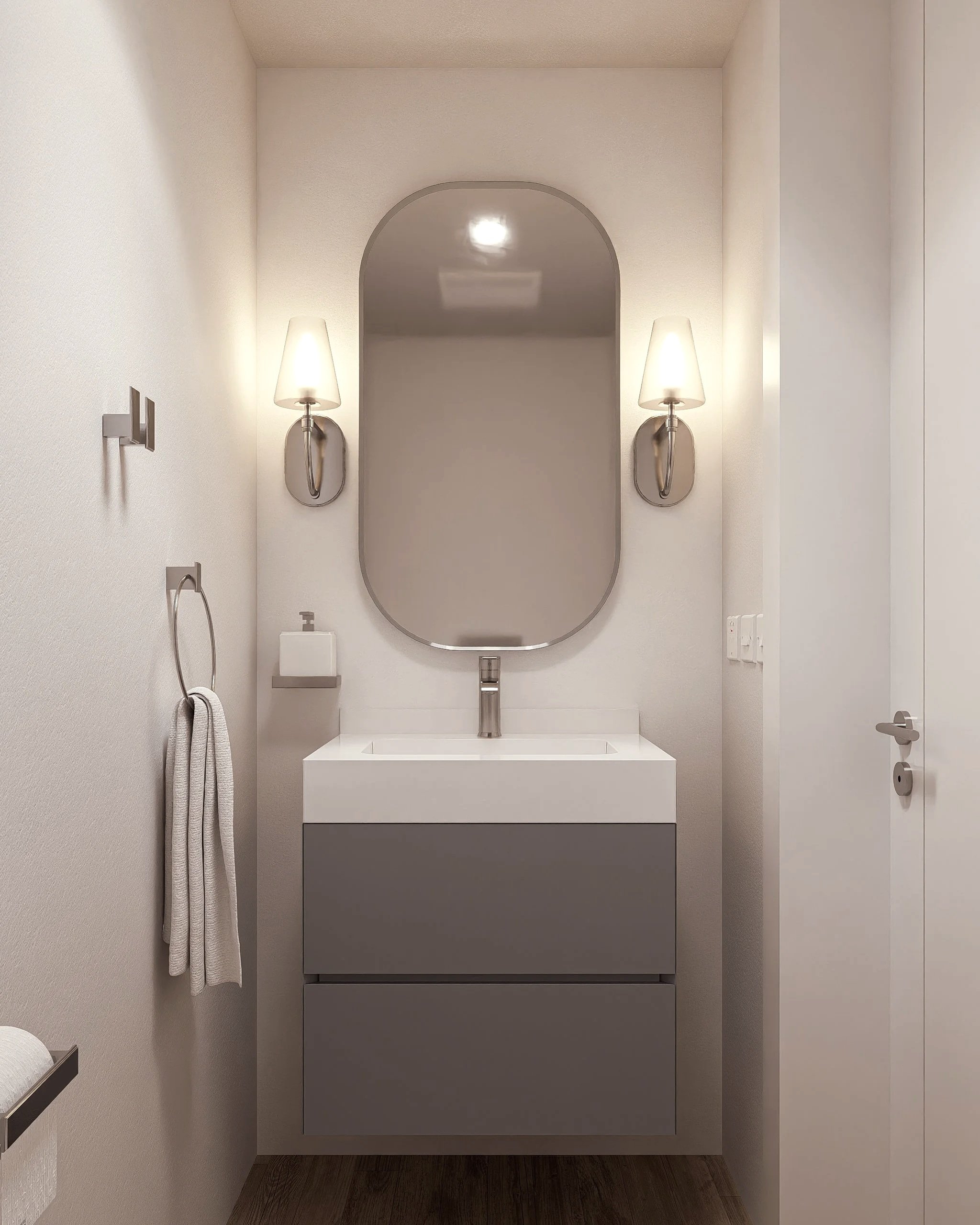 Bauhu hurricane resistant modular hospitality pod Modern bathroom vanity with a large mirror, wall-mounted lights, a towel ring with a towel, and a closed door.