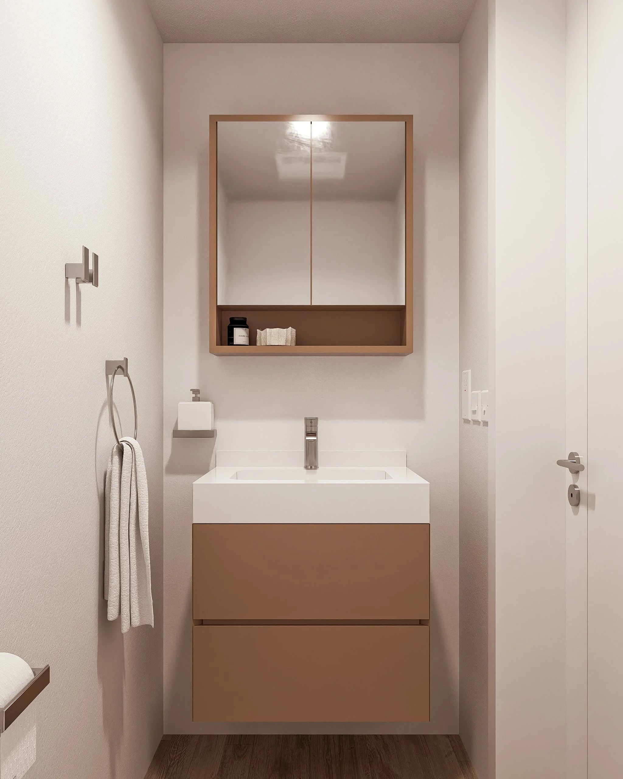 Bauhu hurricane resistant modular hospitality pod  modern bathroom with a white and beige vanity, a mirror cabinet, a towel hanging on a ring, and wooden flooring.