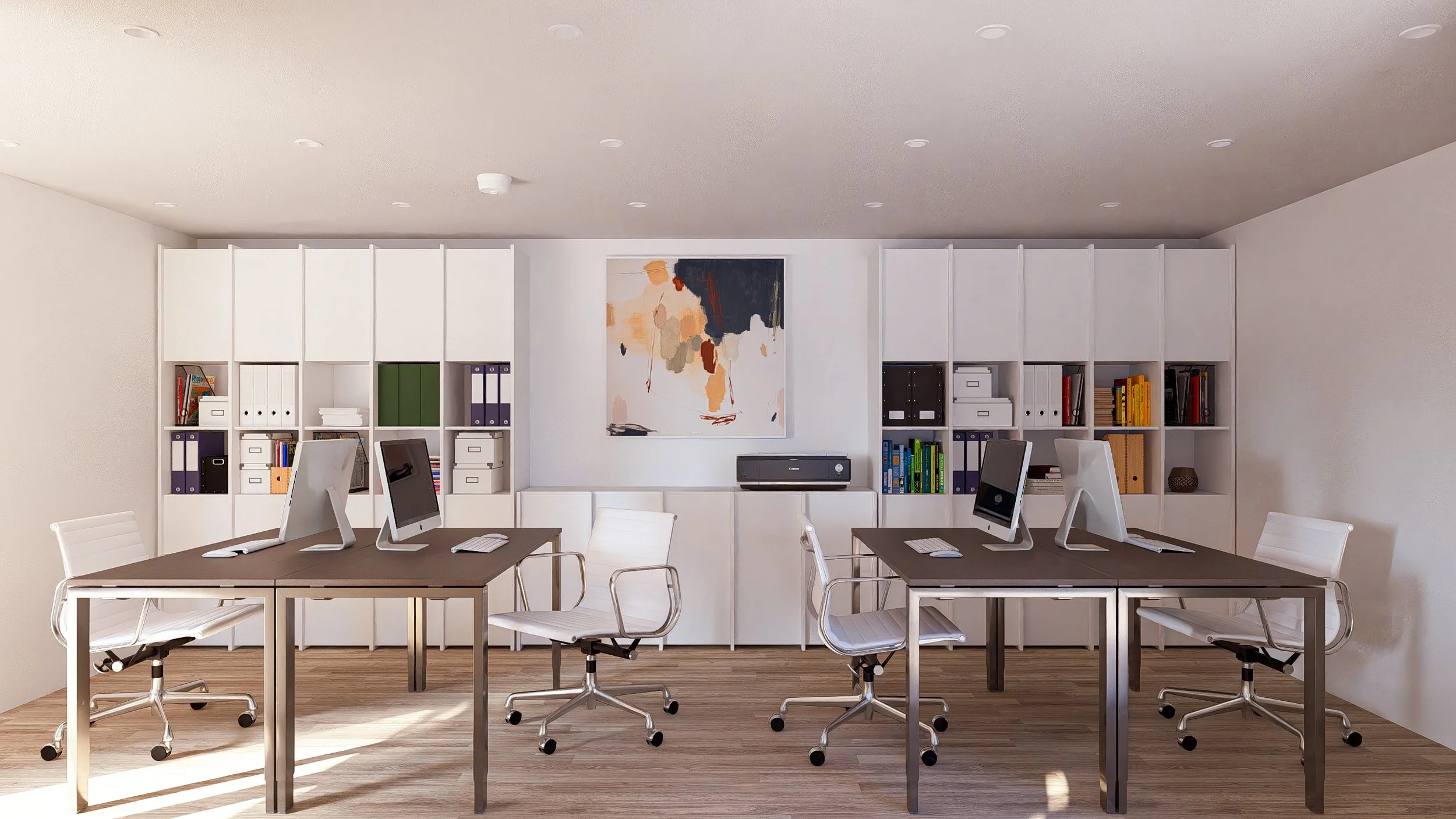 Bauhu hurricane resistant modular hospitality pod Modern office space with four white desks, each equipped with a desktop computer and white chairs. Behind the desks, there are white shelving units filled with books, binders, and storage boxes.