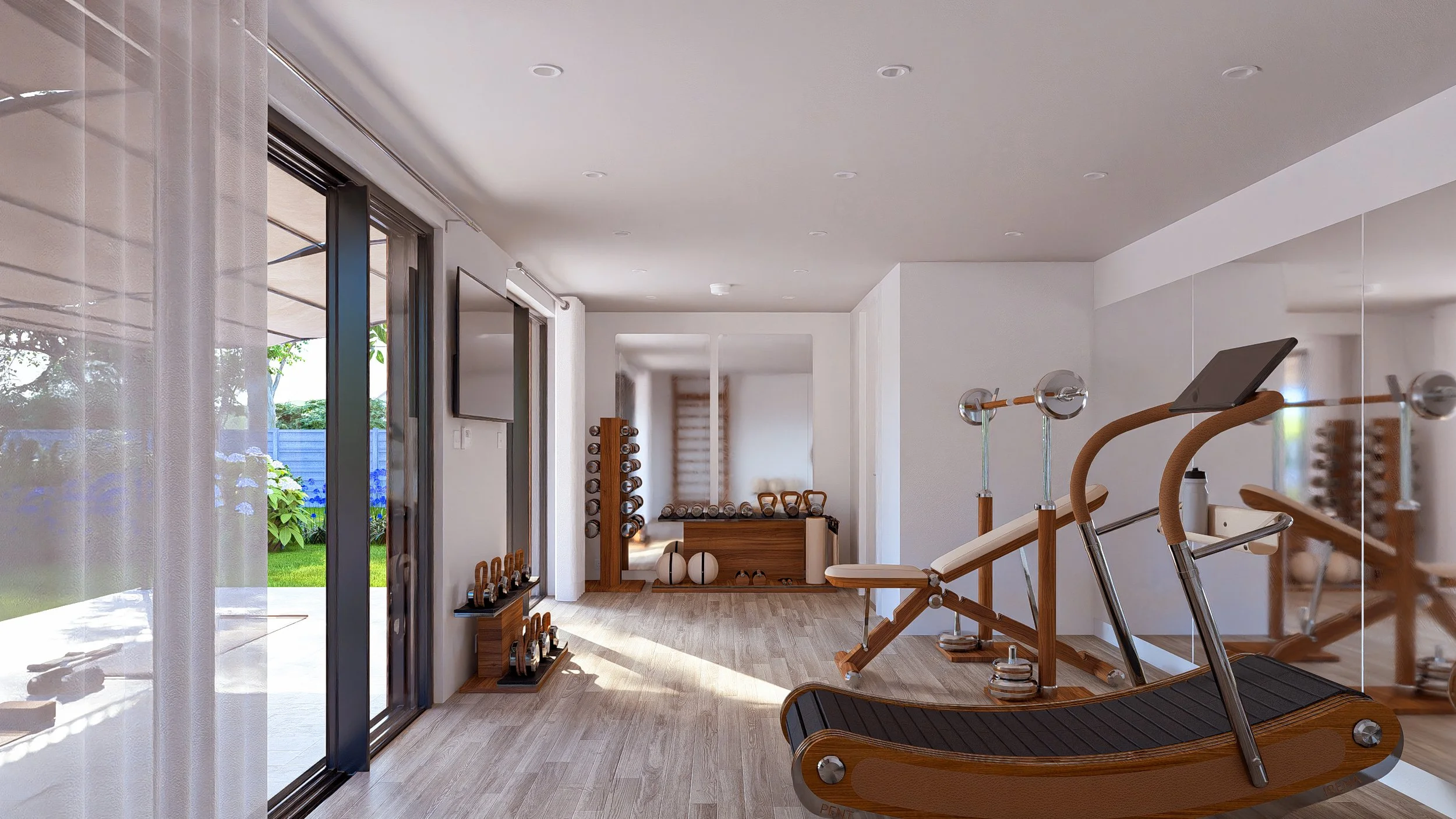 Bauhu hurricane resistant modular hospitality pod Home gym with treadmill, exercise equipment, kettlebells, dumbbells, medicine balls, and sunlight coming through sliding glass door to backyard with grass and plants.